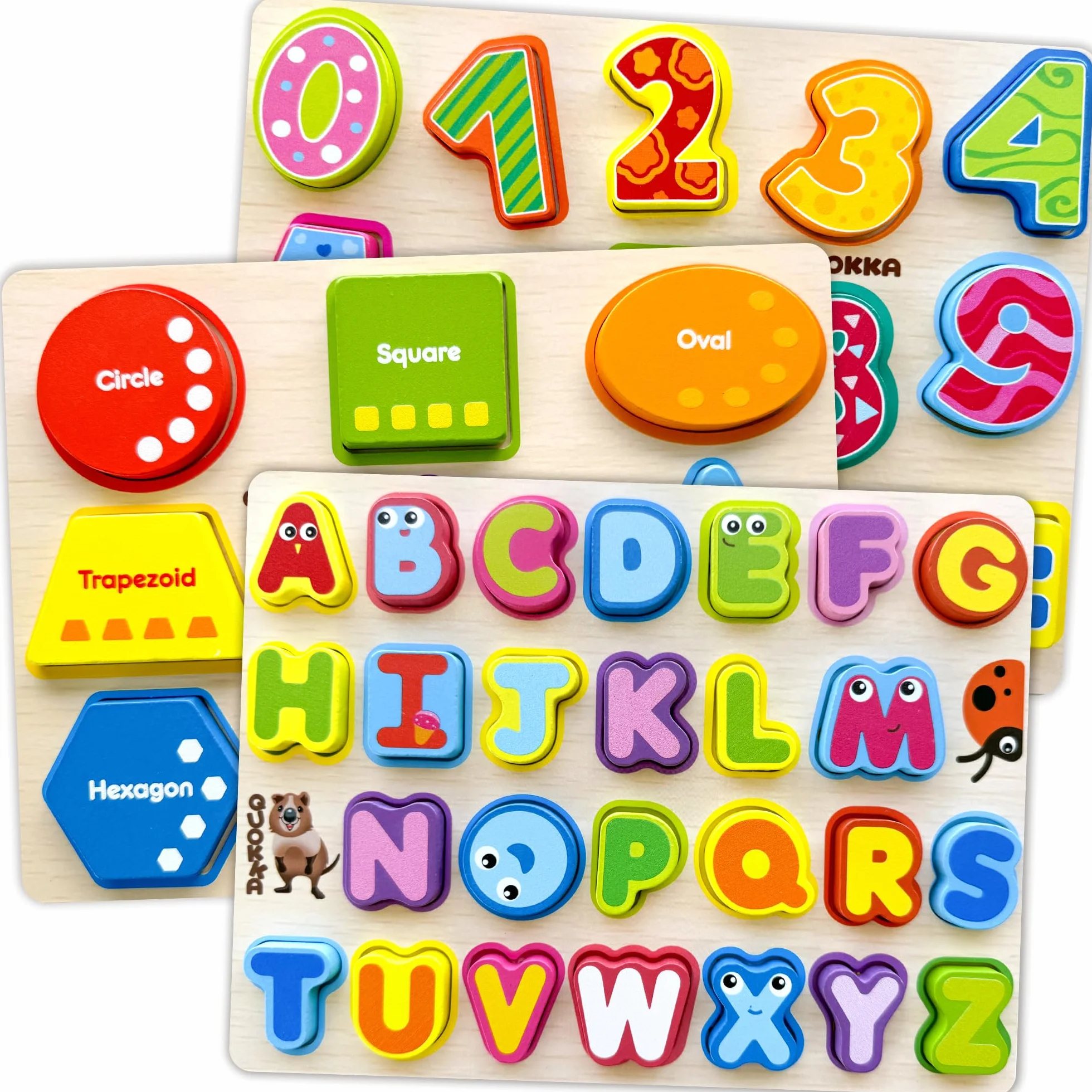QUOKKA Puzzle Madera Niños 1 2 Años – 3 Juego de Letras 3 4 Años - Grueso Montessori Puzzle Numeros Alfabeto y Formas para Bebe 18 Meses - Juegos Didácticos para Niños y Niñas de 2 a 5