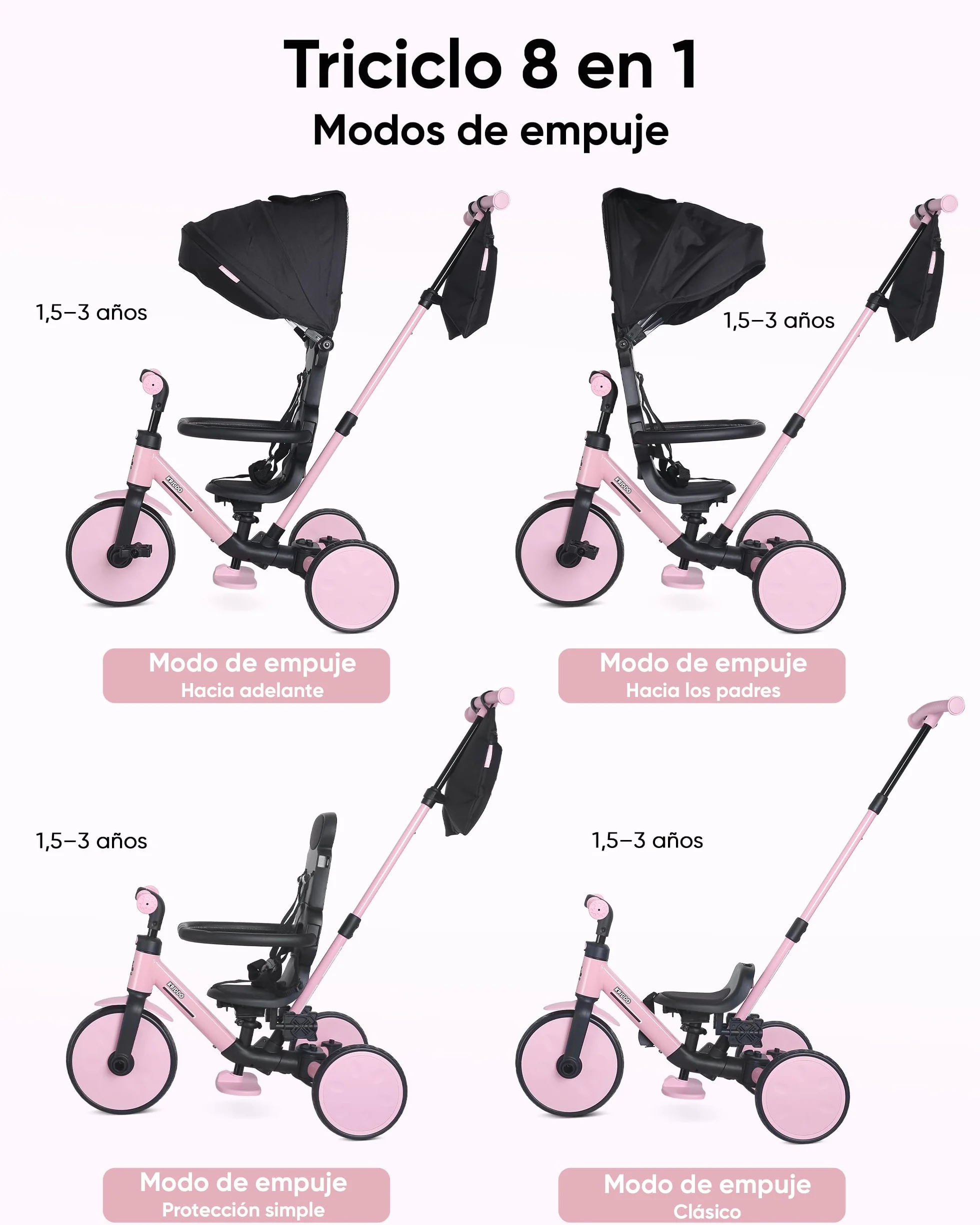 KRIDDO Triciclo Evolutivo 8 en 1 para Niños de 18 Meses a 5 Años, con Barra de Empuje, Triciclo y Bicicleta con o sin Pedales, Arnés de 5 Puntos Mejorado, Capota Plegable y Bolsa, Rosa