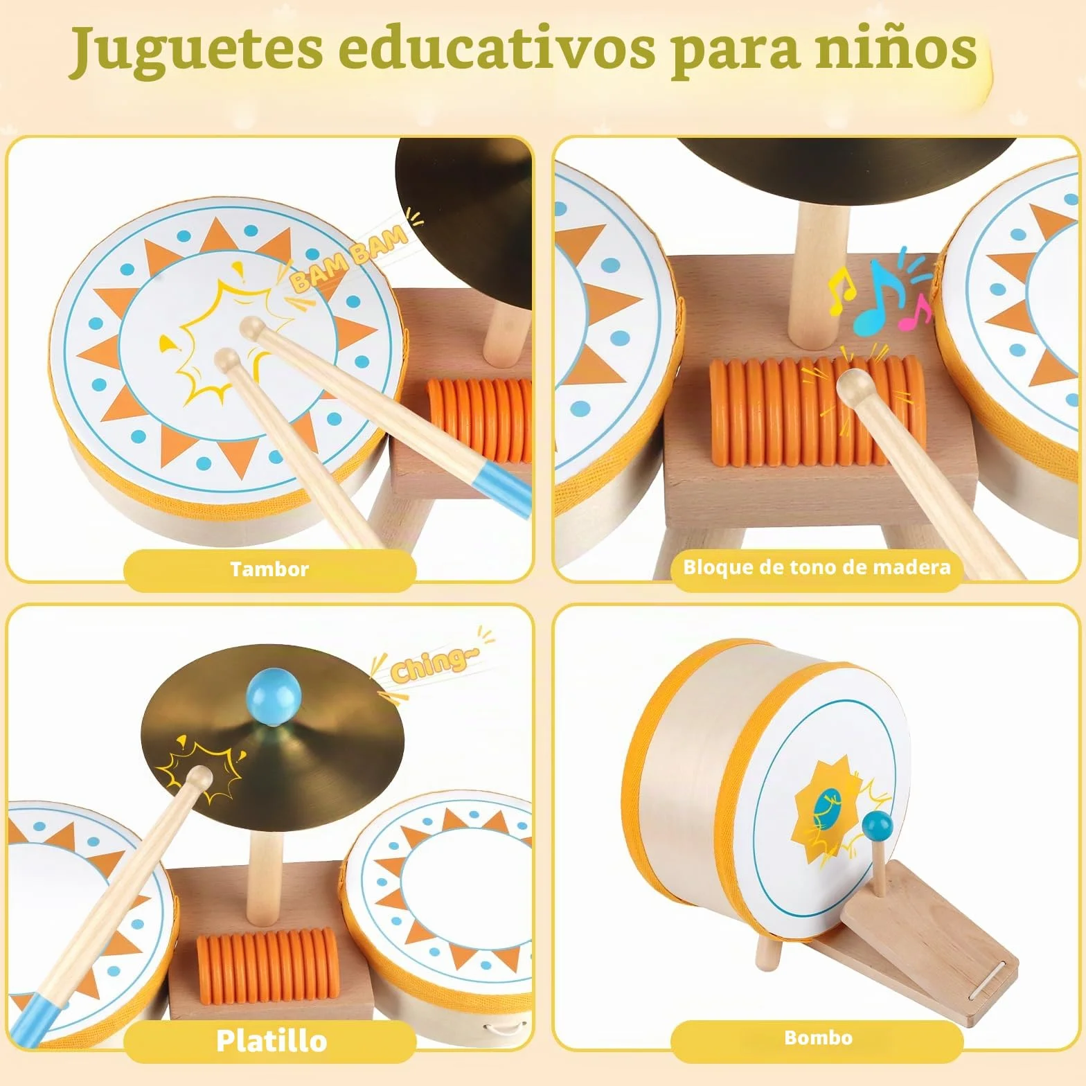 Tambor Montessori para Bebés de 1+ Año | Set de Tambores Educativo de Madera para Niños Pequeños 1-3 Años | Instrumentos Musicales para Bebés, el Regalo Cumpleaños/Navidad para Niños y Niñas
