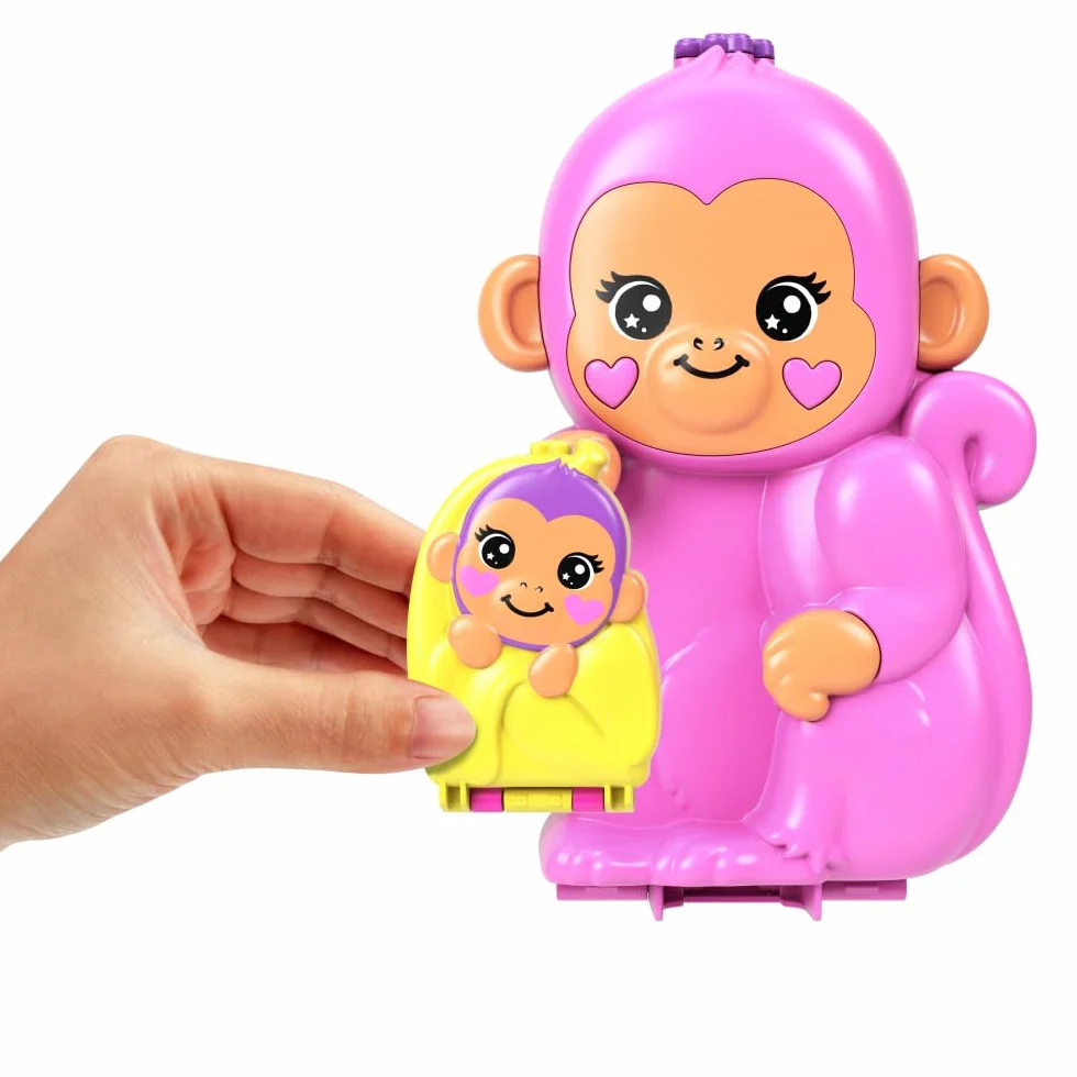 Polly Pocket Adventures in Rio Mamá mono y su bebé, Cofre-bolso 2 en 1, 2 sets de juego que incluyen 2 mini muñecas, animales y teleférico, juguete regalo para niños y niñas +4 años, HWP04