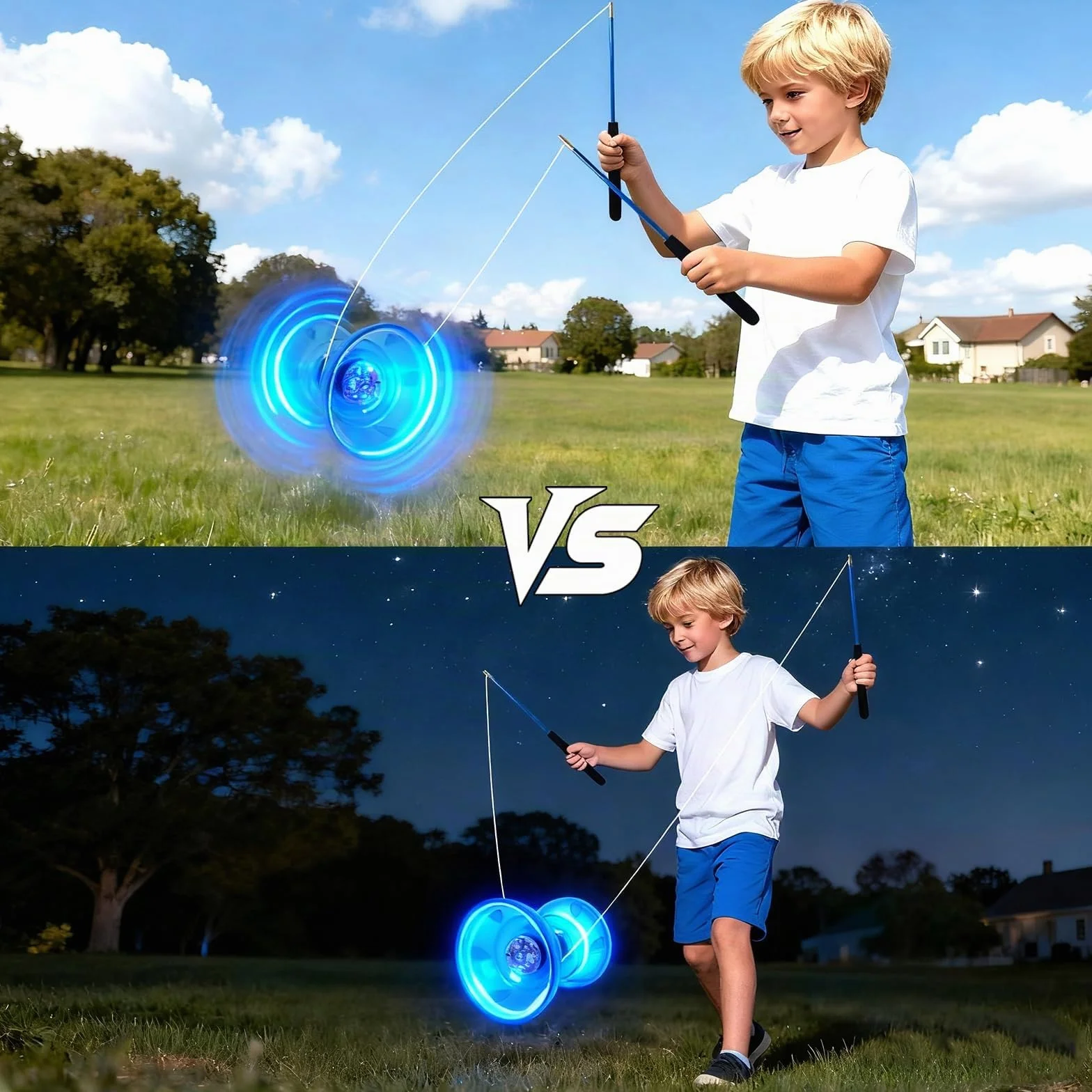 Juego de Malabares LED Diabolo, 4,5 mm Diábolo LED con Rodamiento de Bolas Diábolo Juego de Malabares para Principiantes Profesionales con 2 Bastones, 10M Cuerda de Repuesto, Bolsa de Guardado