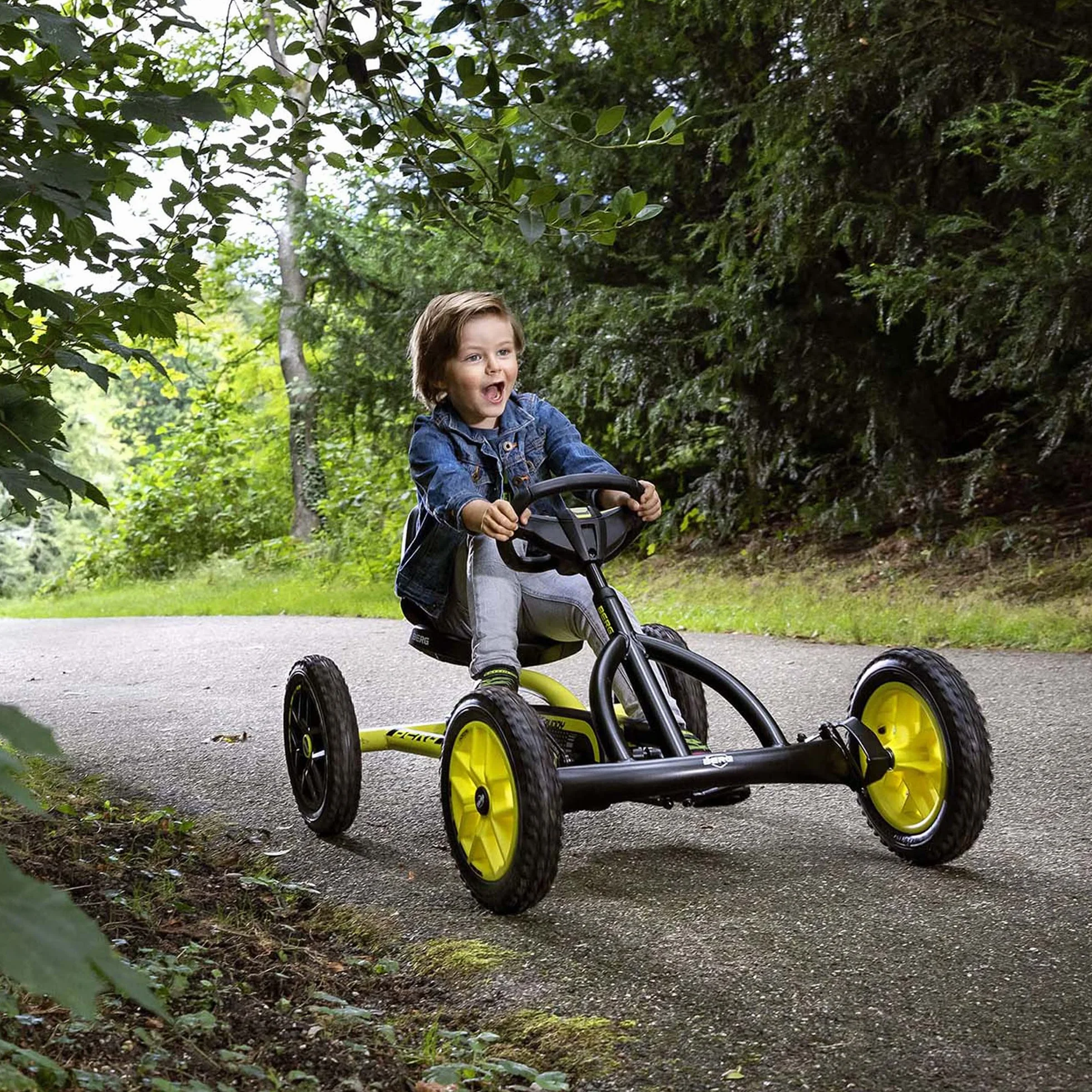 BERG Kart a Pedales Buddy Cross | Amarillo, 3-8 años, cuadro resistente, asiento regulable, volante regulable