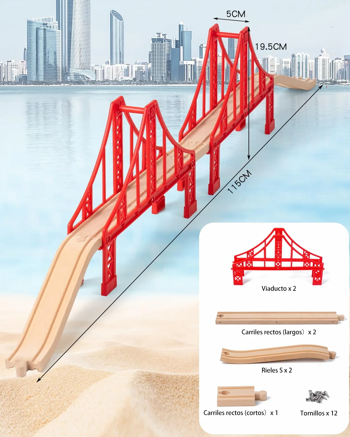 Tren Madera Tren Juguete Accesorios Accesorios para Vías de Ferrocarril Tren de Doble Puente Colgante Trenes de Juguetes para Niños 3-5 Años