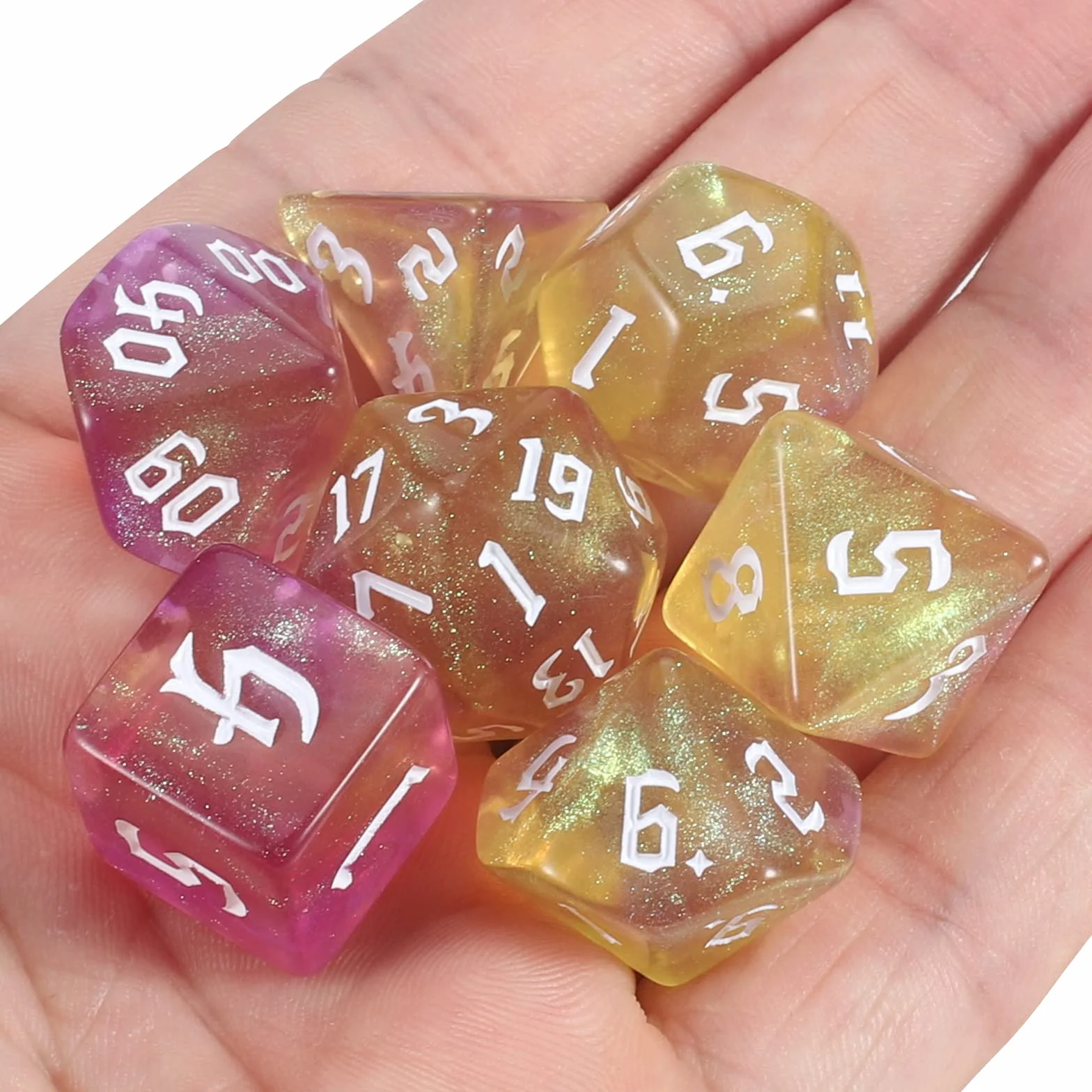 QMAY Juego de dados DND Dados Poliédricos - 7 piezas para Dungeon y Dragons MTG RPG D&D D20, D12, D10, D%, D8, D6, D4 (amarillo mezclado con púrpura + brillo)
