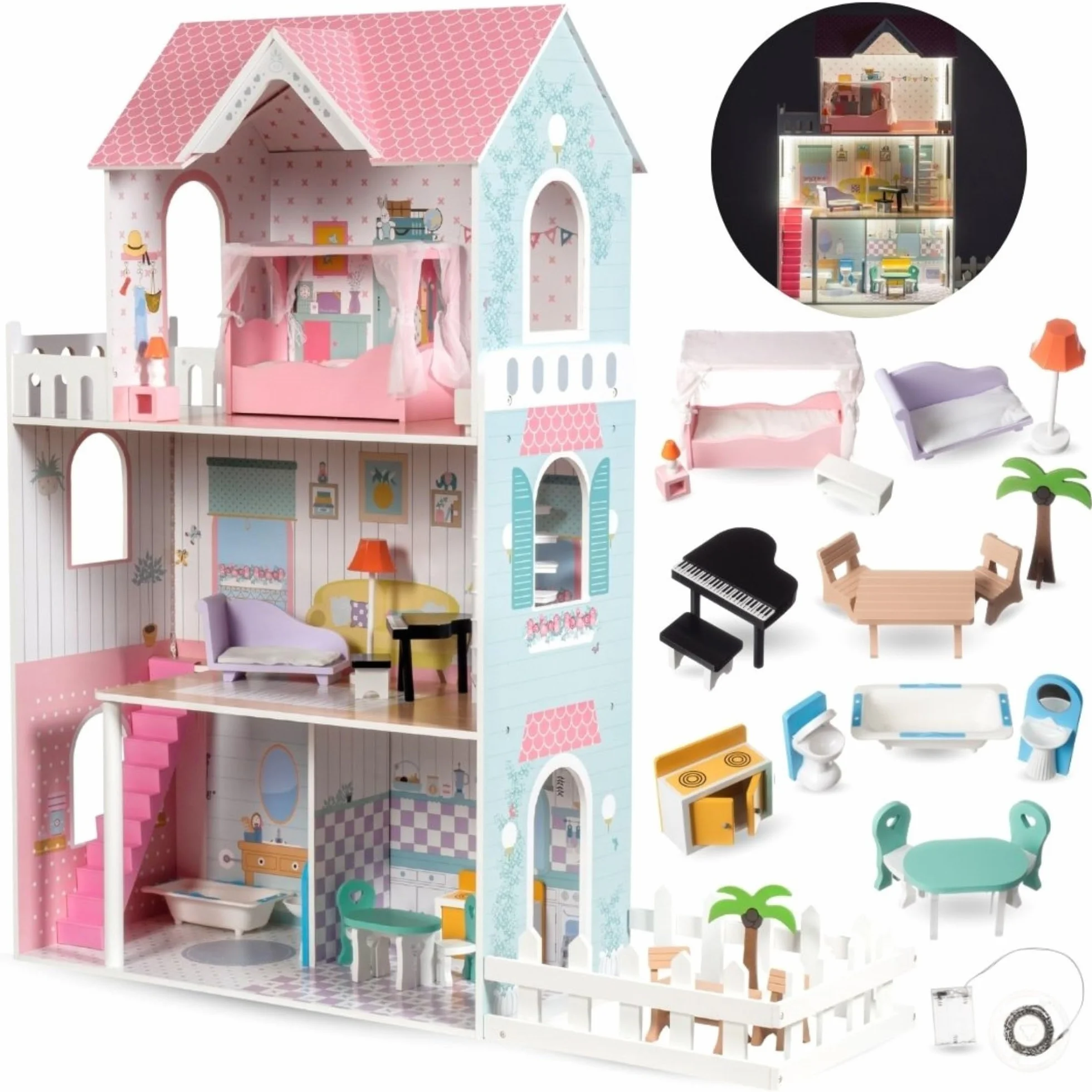 Mamabrum Casa de Muñecas de Madera XXL con LED – Casita de Muñecas de 3 Pisos con Muebles, Jardín y Accesorios – Casa de Barbie de Madera Educativa para Niñas +3 Años