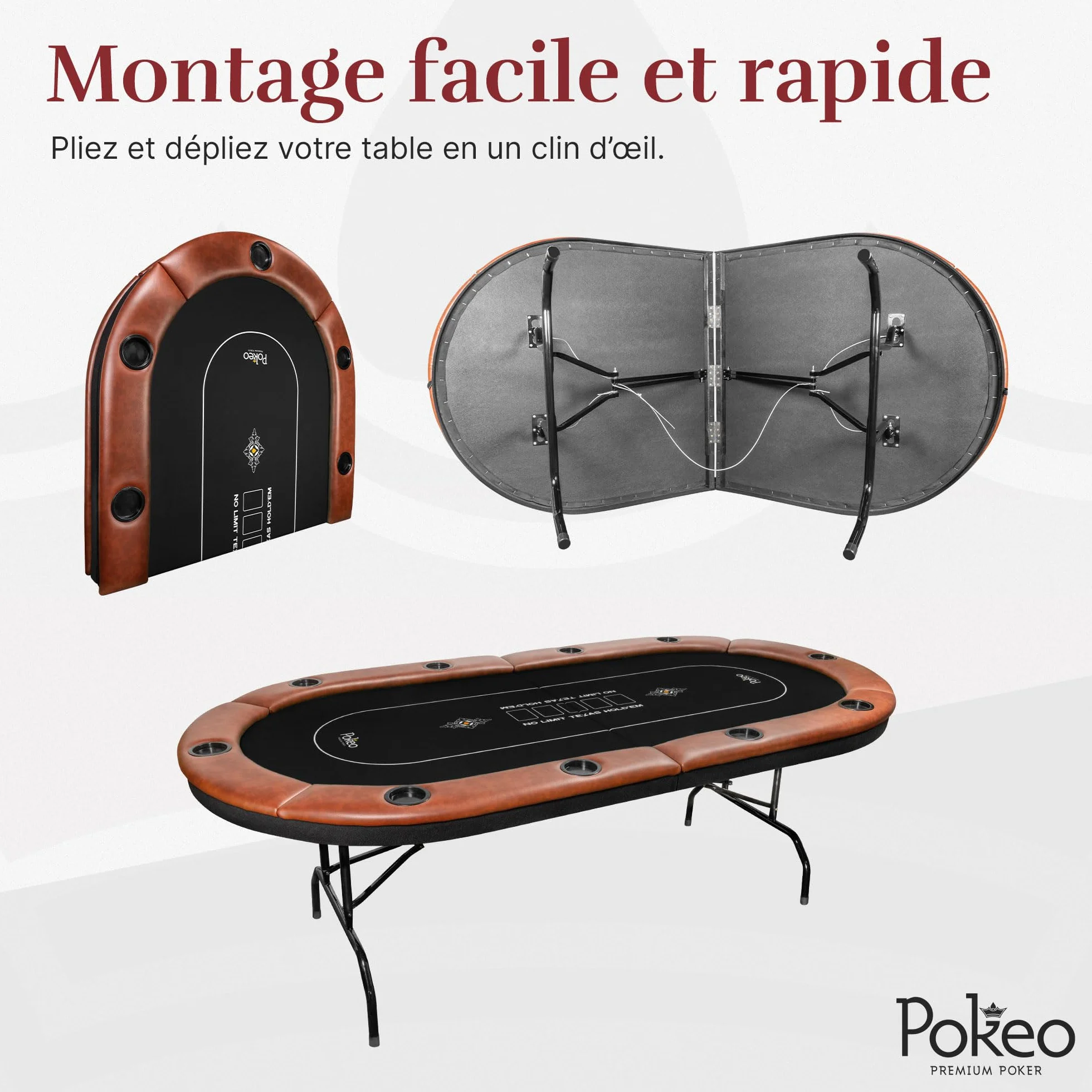 Mesa de Póker Plegable para 10 Jugadores – Tapete Negro – Compacta – Apoyabrazos PU Marrón – 10 Portavasos – Texas Hold'em Blackjack