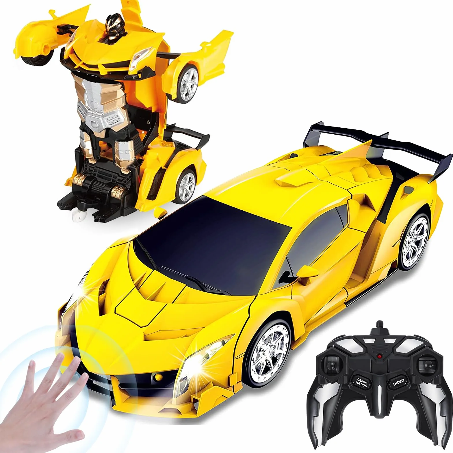 Yellcetoy Transform Juguete Coche Teledirigido, Coche Robot con el Gesto de la Mano Sening Luz Intermitente Música y Efecto de Sonido, Transformador RC Car con Baterías para Niños 3-10 Años Amarillo