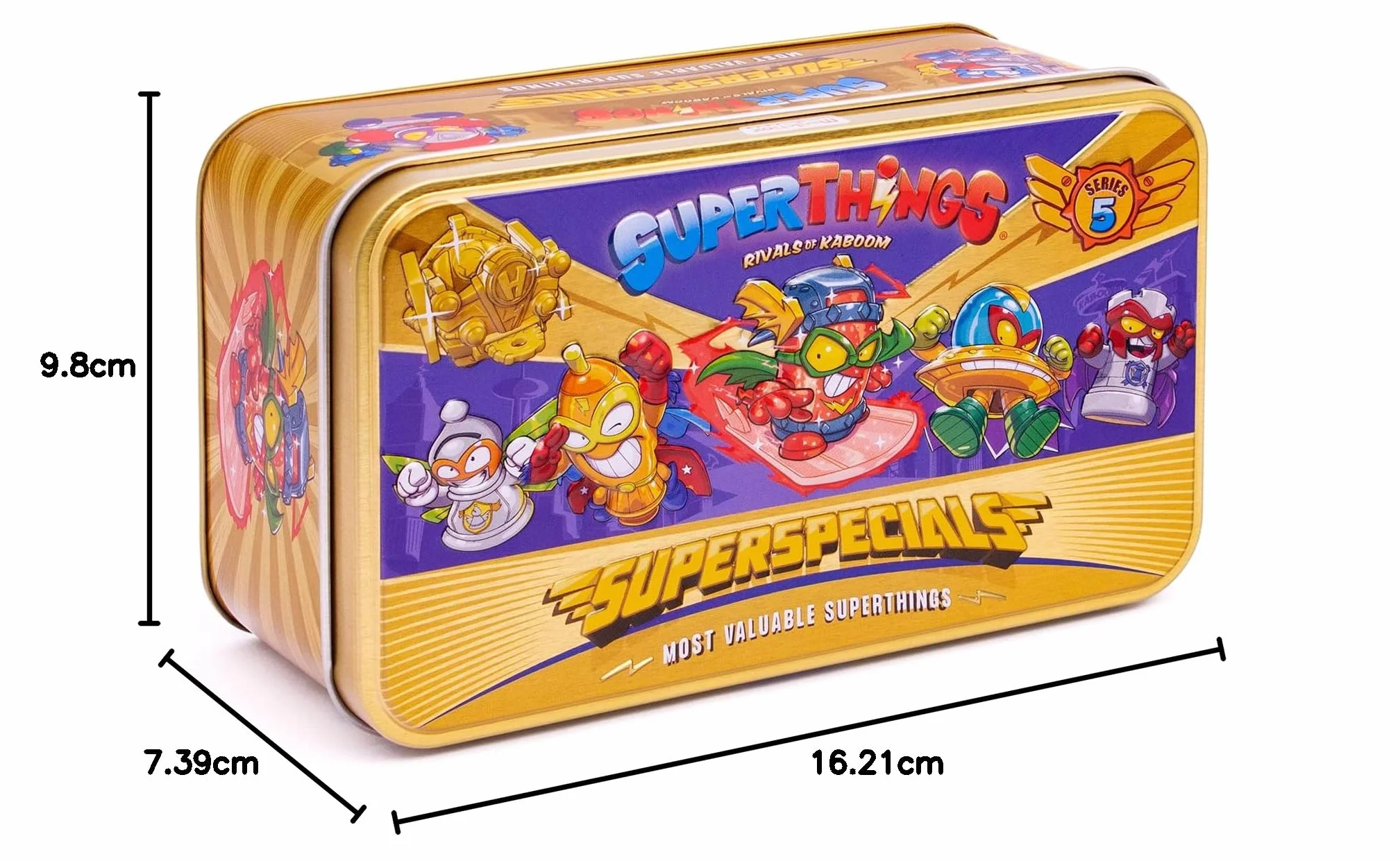 SUPERTHINGS Lata Gold Serie 5, Incluye el ultrararo (Kid Fury), los 2 líderes Dorados, los 6 capitanes Plateados y los 2 Aerowagons Dorados