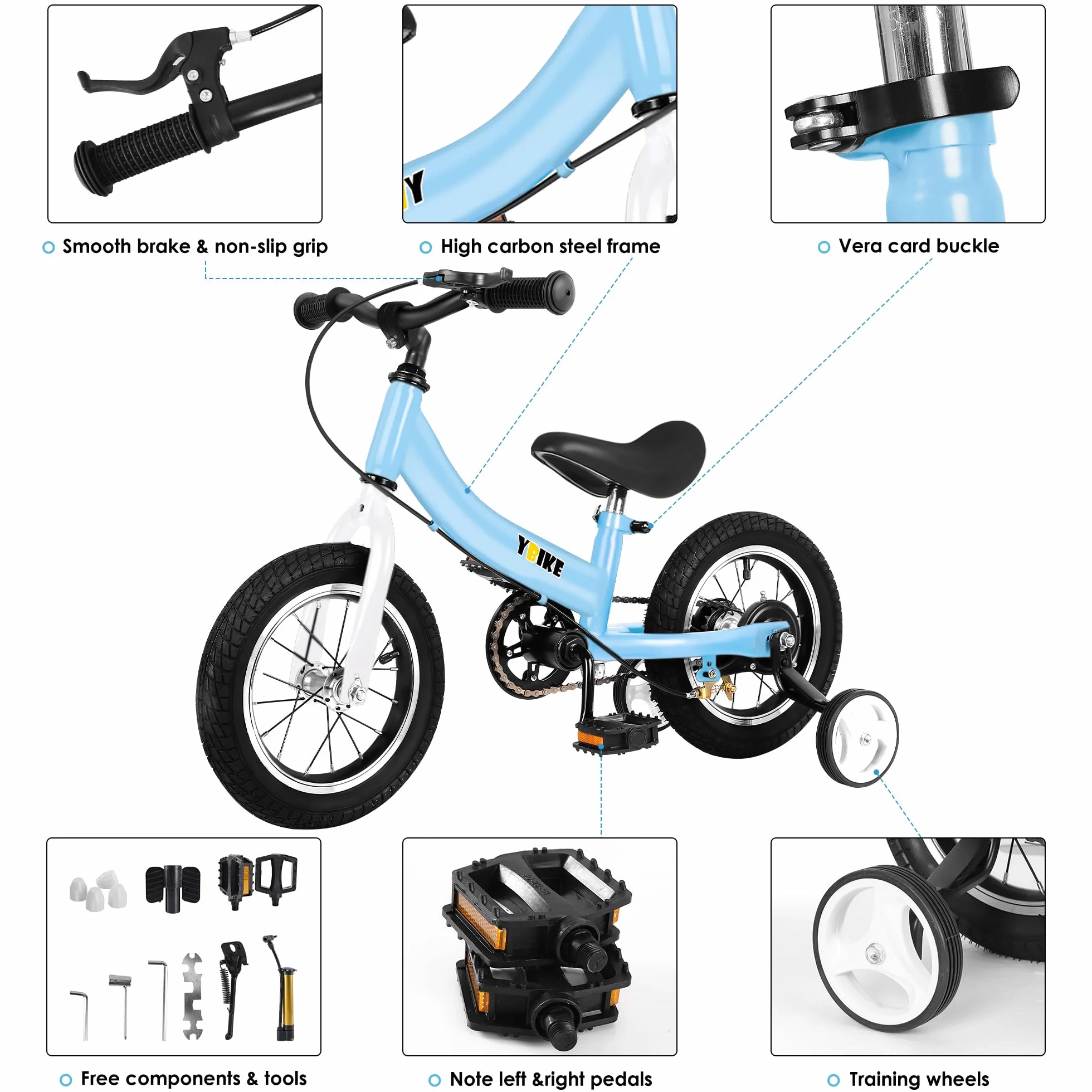 YBIKE Bicicleta De Equilibrio 2 En 1,Bicicletas para Niños Función De Doble Uso,Adecuada para Niños De 1 a 7 Años, 12,14,16 Pulgadas con Freno, Pedal, Teoría De La Formación