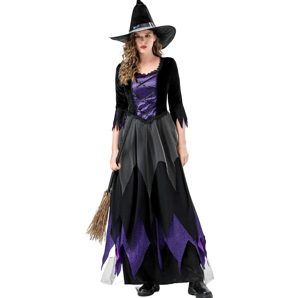 Generisch Disfraz de bruja para mujer, elegante vestido de cosplay gótico, vestido de Halloween con encaje de manga larga