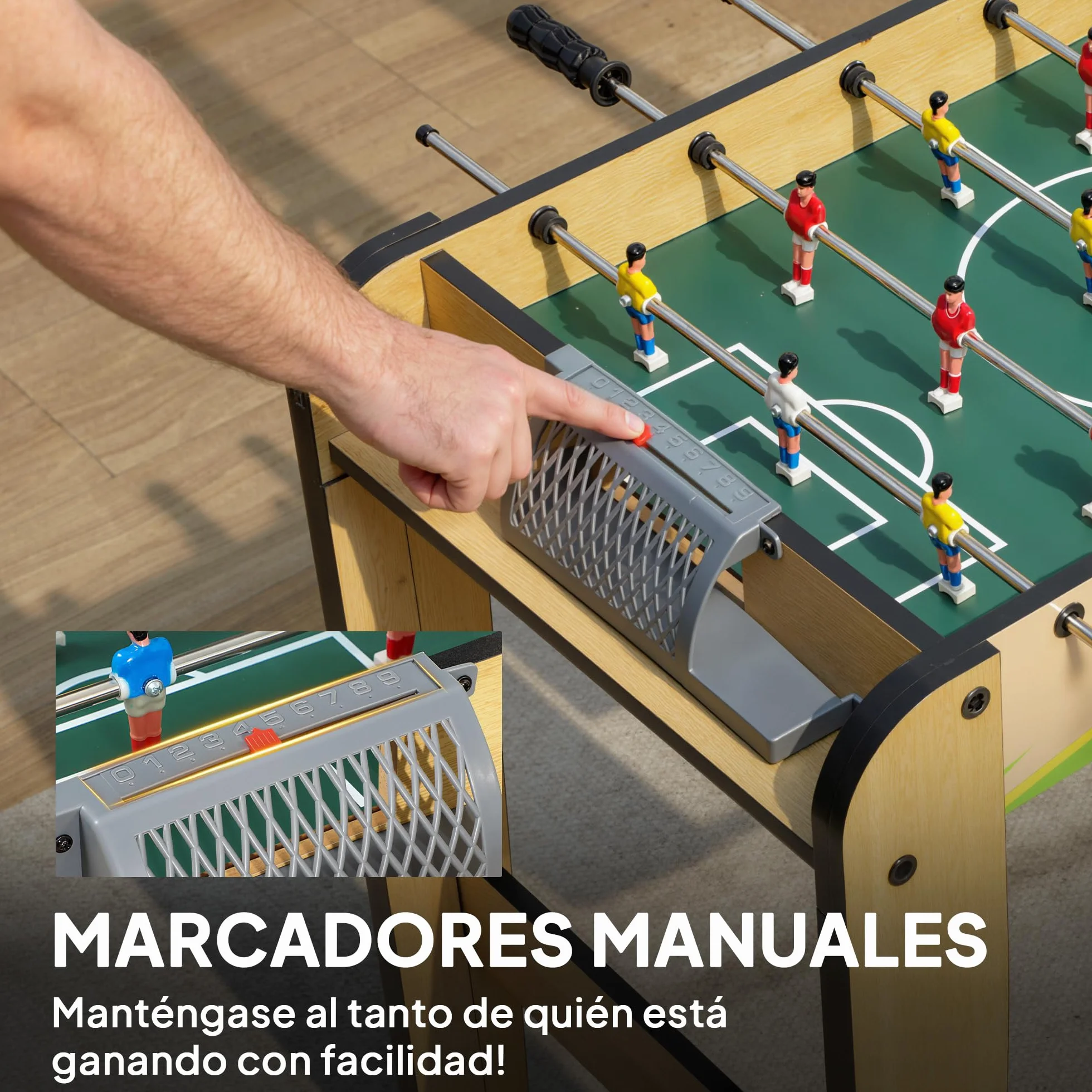 SPORTNOW Futbolín para Niños de Madera, Mesa de Futbolín con 2 Marcadores, 6 Asas, 18 Jugadores, 6 Barras y 2 Bolas, Regalo para Adultos, Familias, Fiestas, 75x66x75 cm, Natural