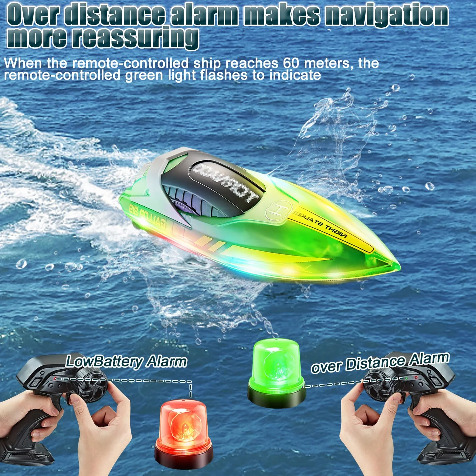 Barco Teledirigido, Barcos de Carreras de 2,4 GHz para Piscinas y Lagos, Barco RC con Luces LED y Alarma de Batería Baja, Barco de Control Remoto para Niños y Adultos (Verde)