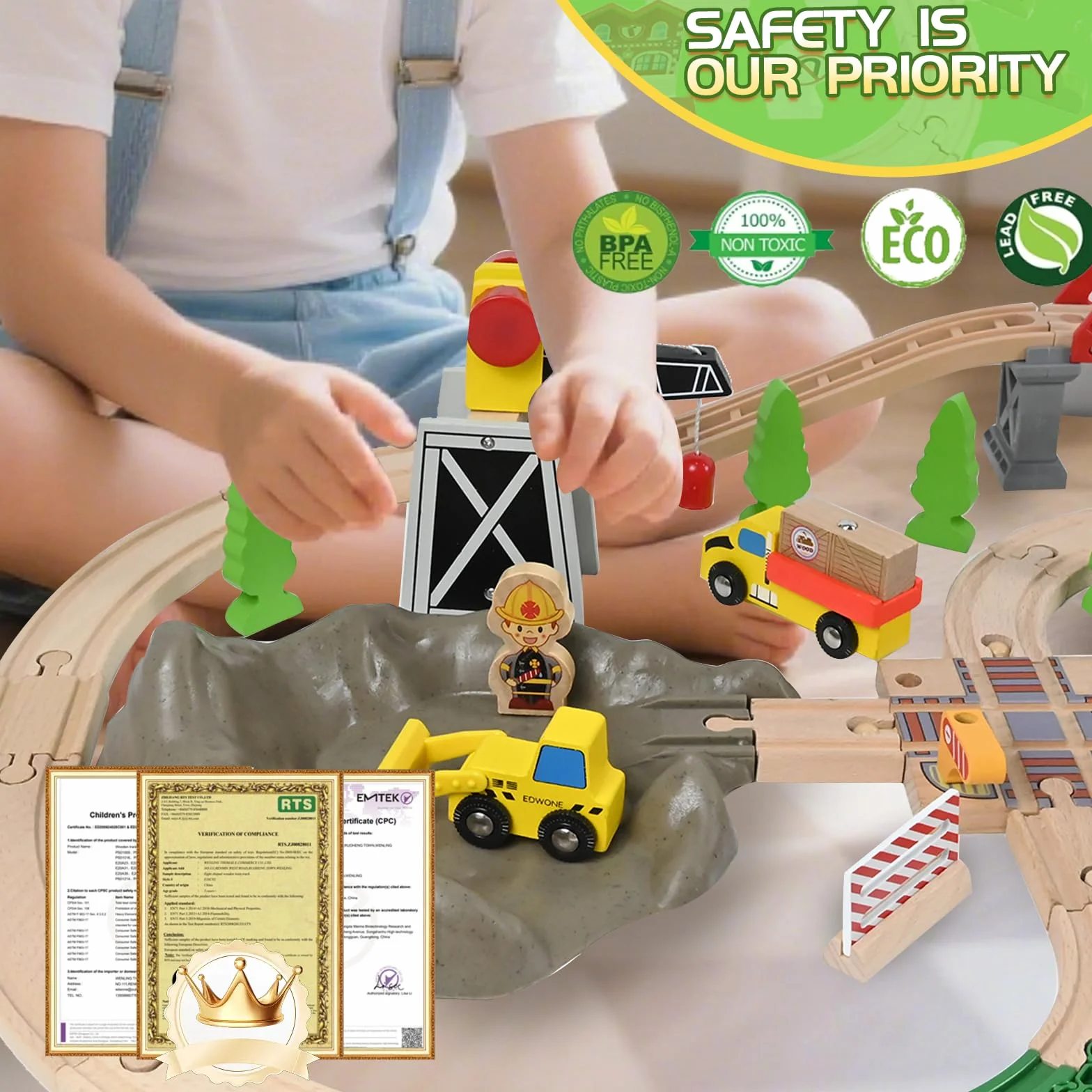 HERMORRYSS Tren de Madera para Niños, 100 Piezas Vías de Tren de Madera y Juguetes de TrenS, TrenS Eléctrico, Ferrocarril de Ingeniería con Grúa Magnética, Figuras, Regalo para Niños y Niña de 3+ Años