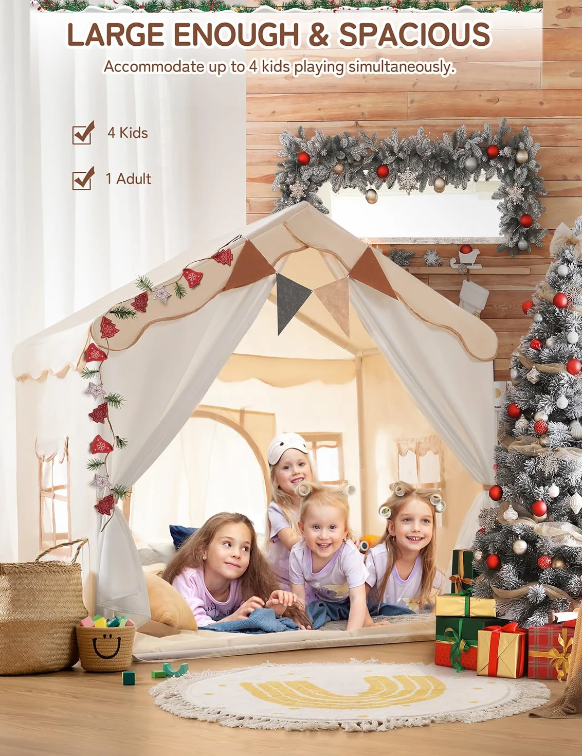 besrey Tienda de Campaña Infantil 2 en1 con Alfombra Acolchada, Luces y Banderas, Casita Infantil Tela de Juegos con 2 Puertas y 4 Ventanas, Cabañas para Niños