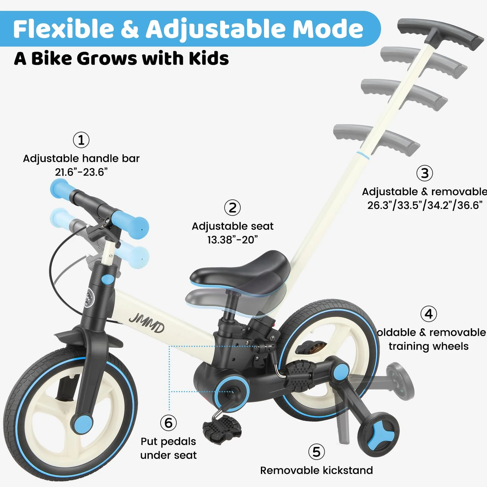 JMMD Bicicleta 6 en 1 para Niños Pequeños con Ruedas de Entrenamiento y Pedales, Edad 18 Meses a 5 Años, Bicicleta de Equilibrio y Pedal 12" Transformable y Plegable
