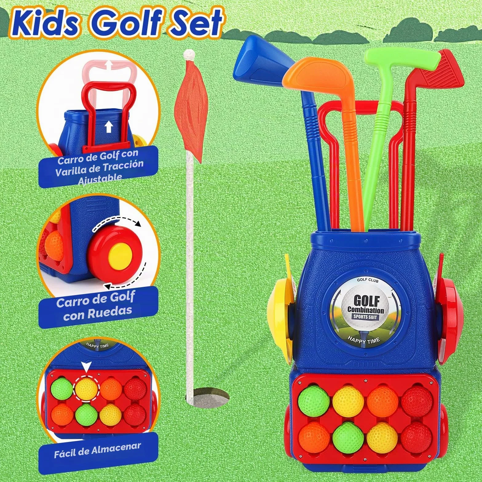 deAO Juego de Golf para Niños, Mini Golfista Plástico, con 4 Palos de Golf, 8 Pelota de Golf, Carro de Golf, Juguete Educativo Temprano Infantiles 3 4 5 6 años