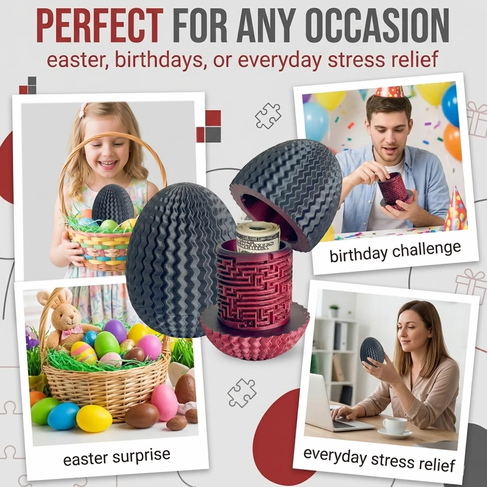 Caja de rompecabezas ovalada con laberinto, caja de almacenamiento con forma de huevo de Pascua, caja misteriosa 3D para dinero y regalos (negro-rojo)