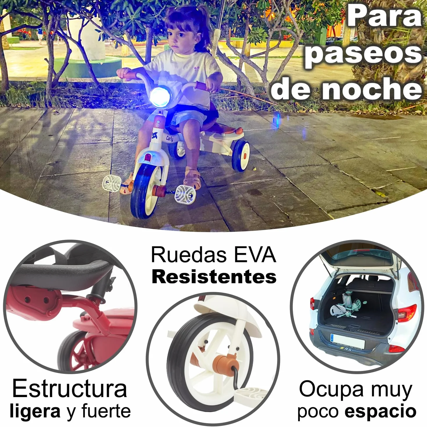 Twinly Triciclo Evolutivo Plegable Carly, Blanco, 1-5 Años | Ligero y Compacto, Manillar con Luz y Sonido, Cesta Incluida, Barra de Empuje Ajustable