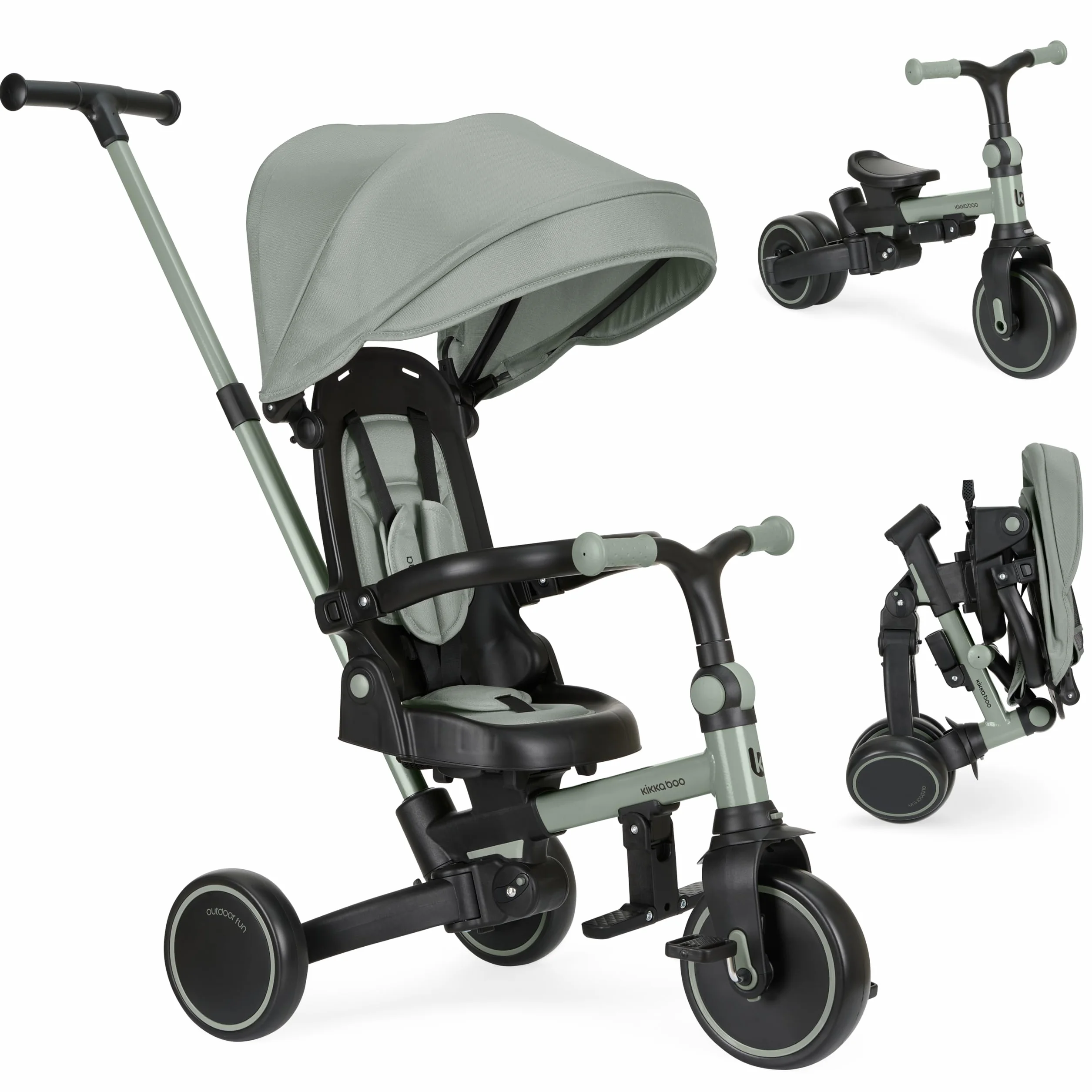 KikkaBoo Triciclo Evolutivo ALUMA 8 en 1, Triciclo Bebé Plegable con Manillar Padres, Asiento Reversible, Capota Ajustable, Arnés 5 Puntos, Marco Aluminio, Verde