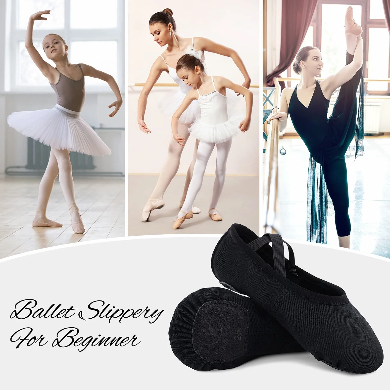 Zapatillas de Danza Ballet Lona elástica Suela Cuero Dividido Negro Marrón Rosa