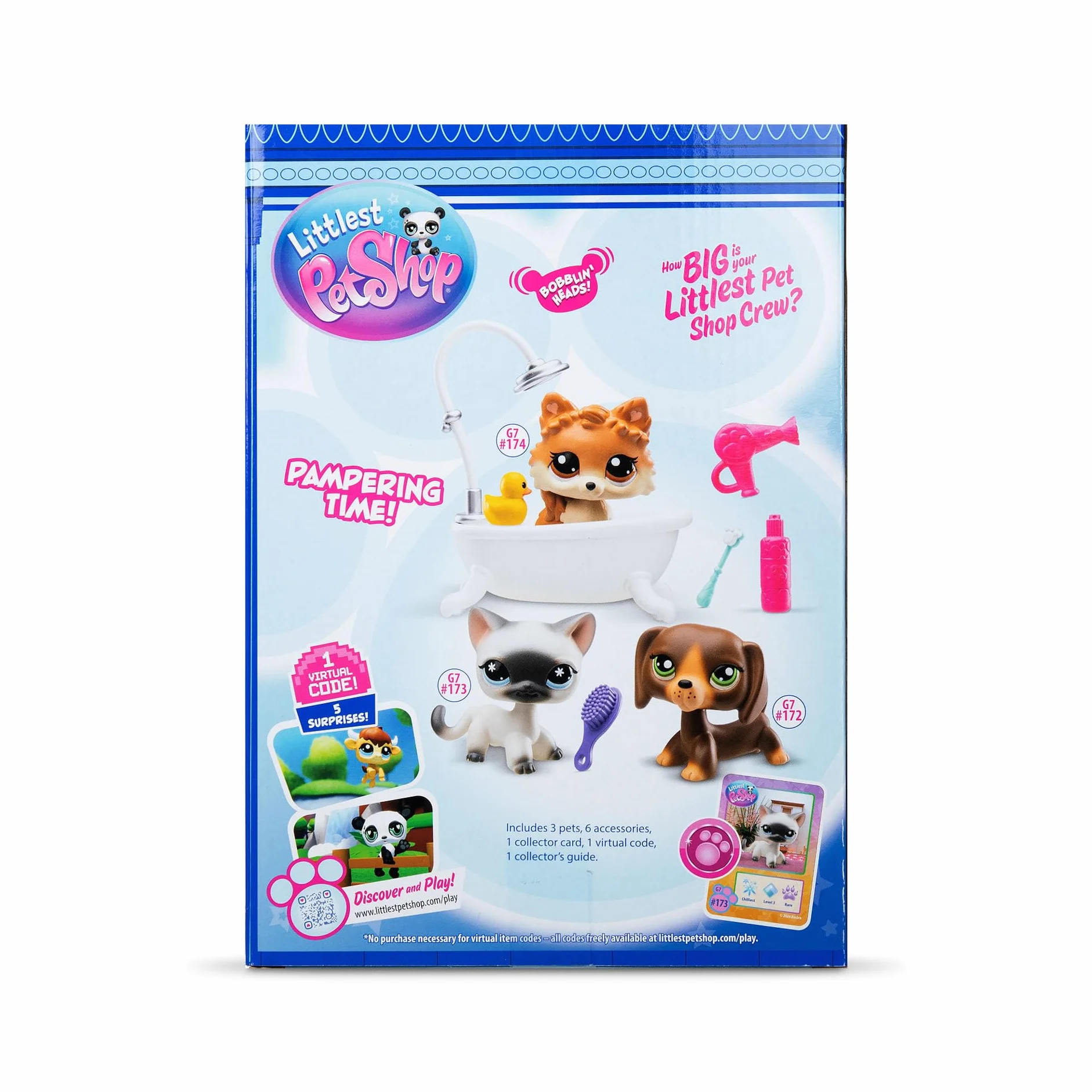 BANDAI - Littlest Pet Shop - DÍA DE SPA BF00638, 3 Mascotas, 10 Accesorios, 1 Tarjeta de coleccionista, 1 código Virtual, Generación 7 Mascotas 172, 173, 174, Figuras de LPS, a Partir de 4 años