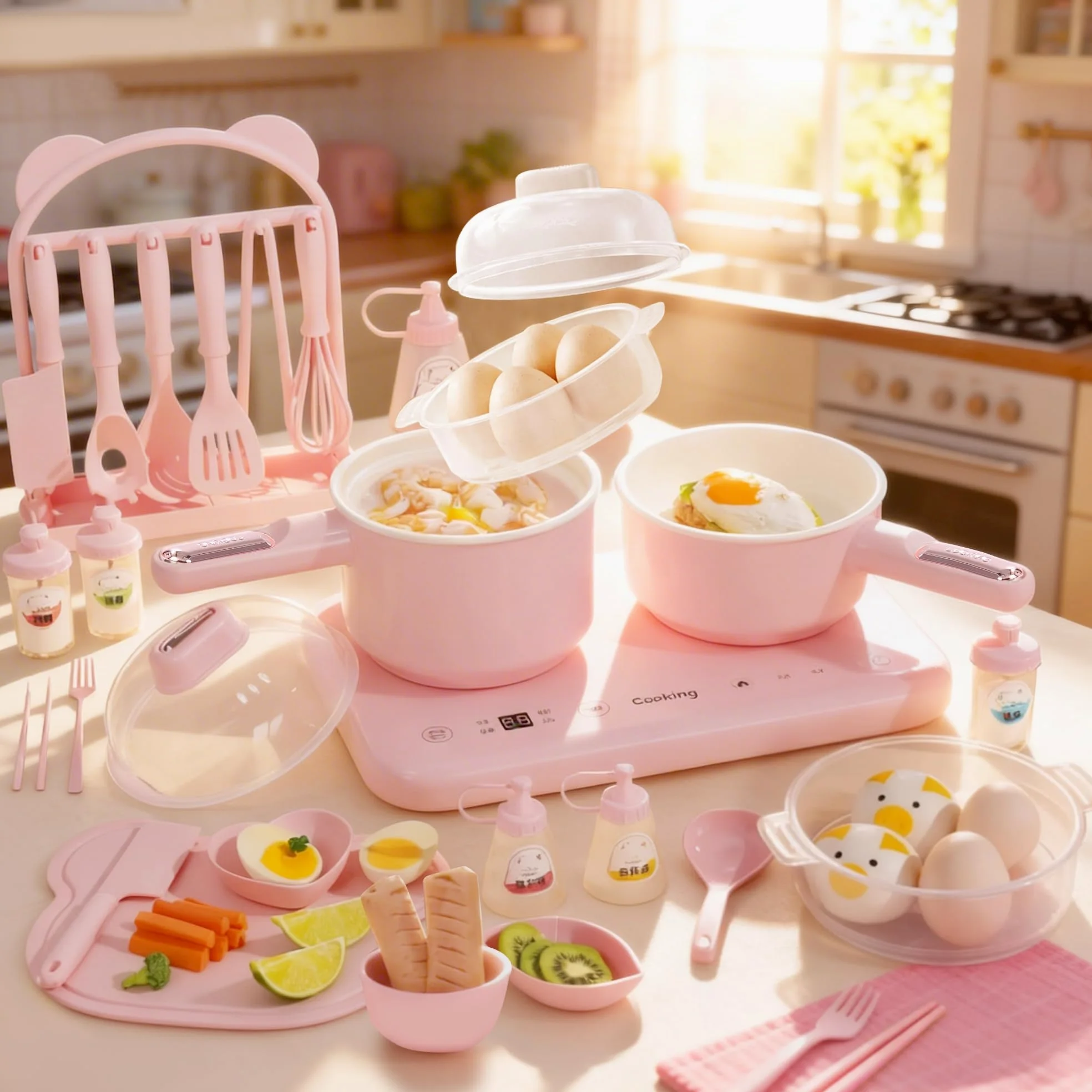 BICRET Juego de Cocina Eléctrica para Niños con Doble Fuego, Accesorios Completos, Incluye Utensilios de Cocina y Cuchillo de Chef Seguro, para Niños de 8 a 12 Años (Rosa)