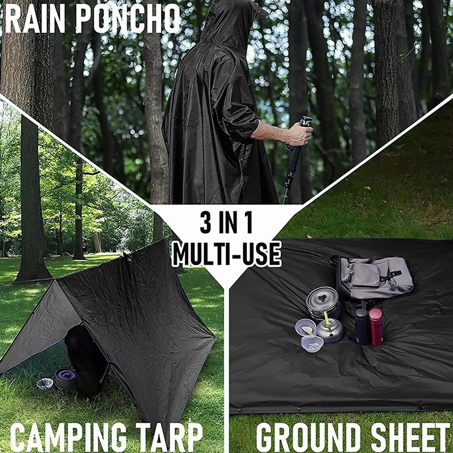 Poncho de Lluvia Impermeable 3 en 1 Multifuncional Ligero con Capucha para Ciclismo Senderismo Camping