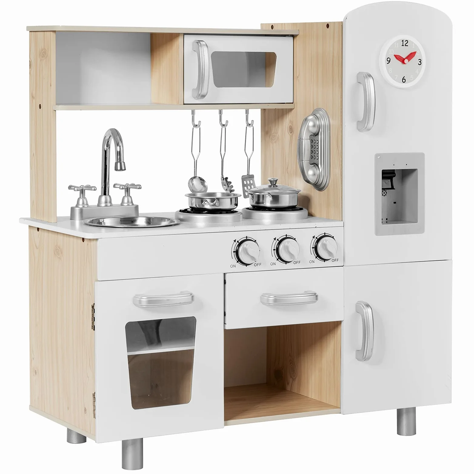 COSTWAY Cocina Juguete de Madera con Teléfono, Cocinita de Madera Infantil con Nevera, Microondas, Fregadero Desmontable, Dispensador de Agua con Luz y Sonido, Cocina Infantil para Niños (Natural)