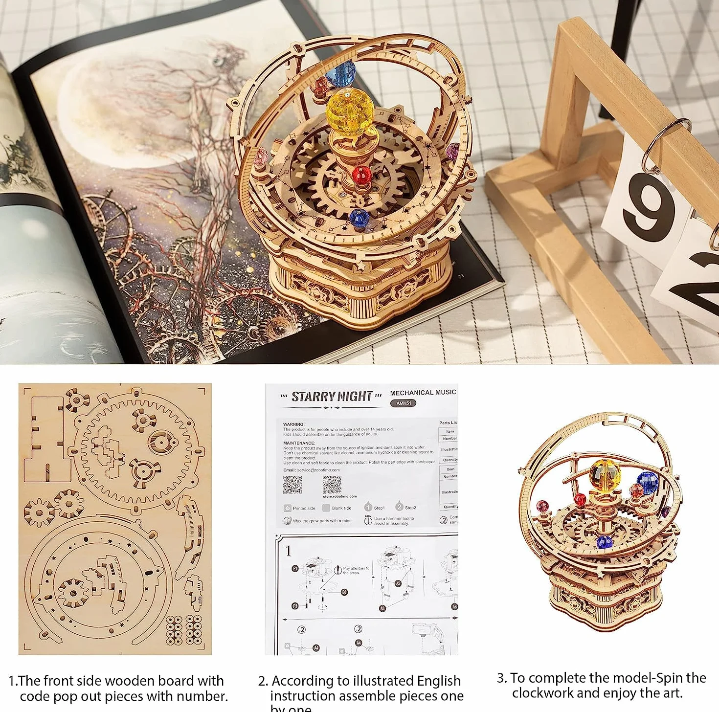 Robotime Puzzle 3D Madera Maquetas Caja De Música Mecánica De Astronomía Laser Cut Puzzle Construcciones, Regalo para Jóvenes y Adultos