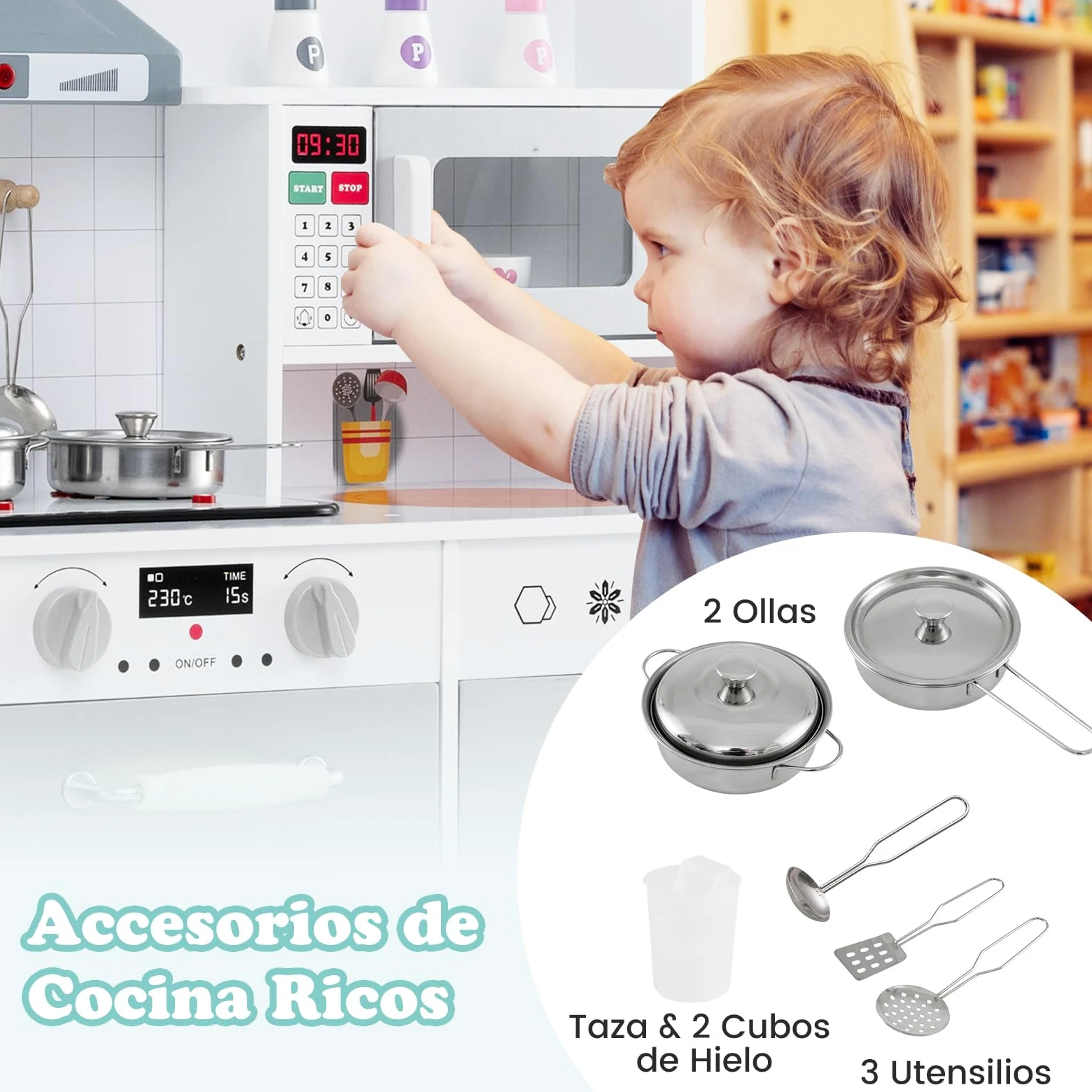 COSTWAY Cocina Juguete Infantil, Cocinita de Madera Infantil 3 en 1 con Refrigerador, Lavadora, Máquina de Hielo, Estufa, Fregadero, Horno, Microondas, Cocina Juguete con Luces y Sonidos (Gris)