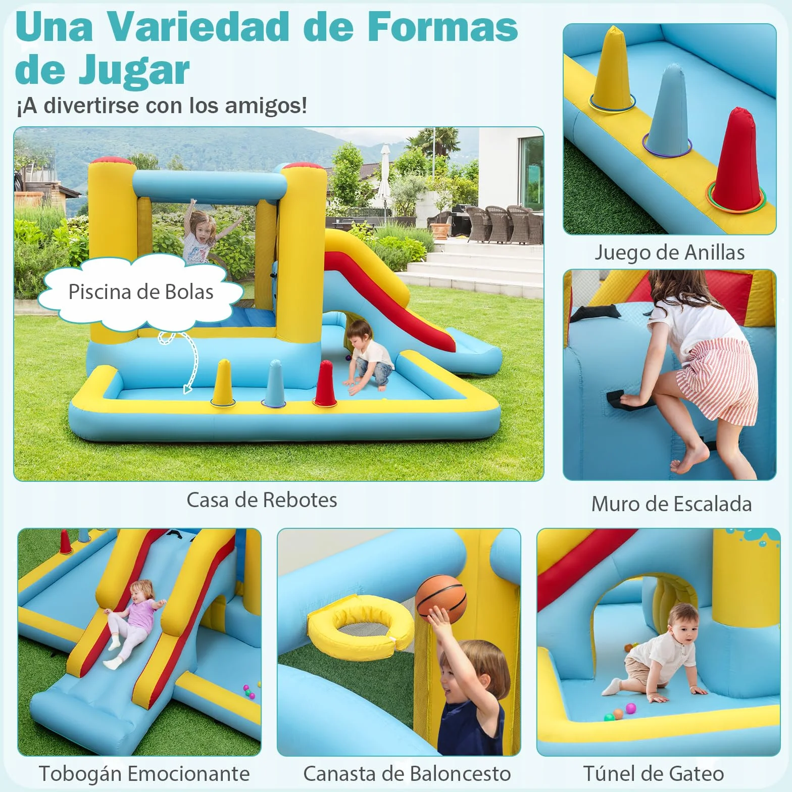 COSTWAY Castillo Hinchable 7 en 1, Grande, 394 x 389 x 194 cm, Niños 3 a 10 Años, Interior Exterior