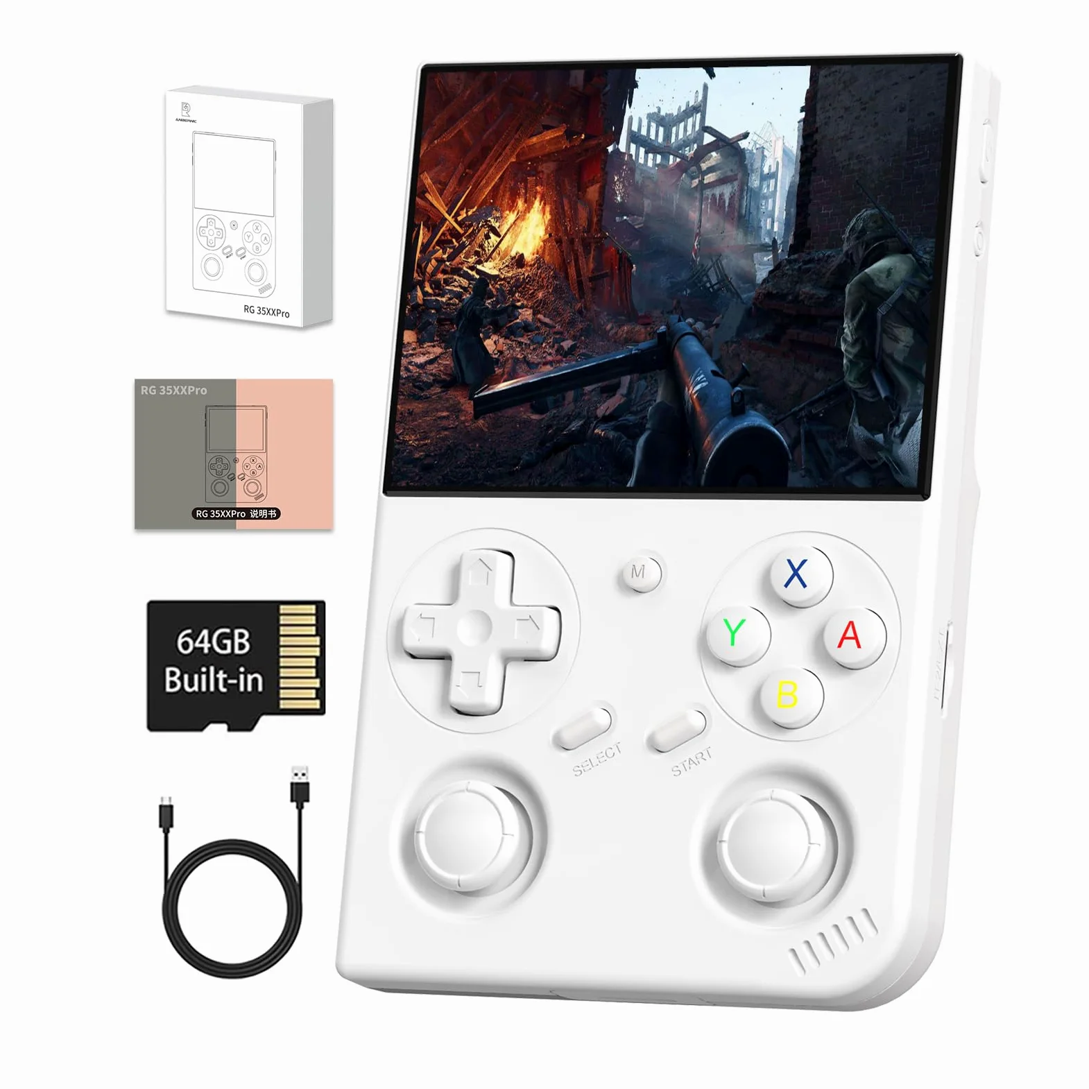 RG 35XXPro Consolas de juegos de mano RG35XXPro Consola de juegos retro con tarjeta de 64 GB, consola de videojuegos Linux 64 bits, soporte portátil de bolsillo, para arcade, compatible con más de 30