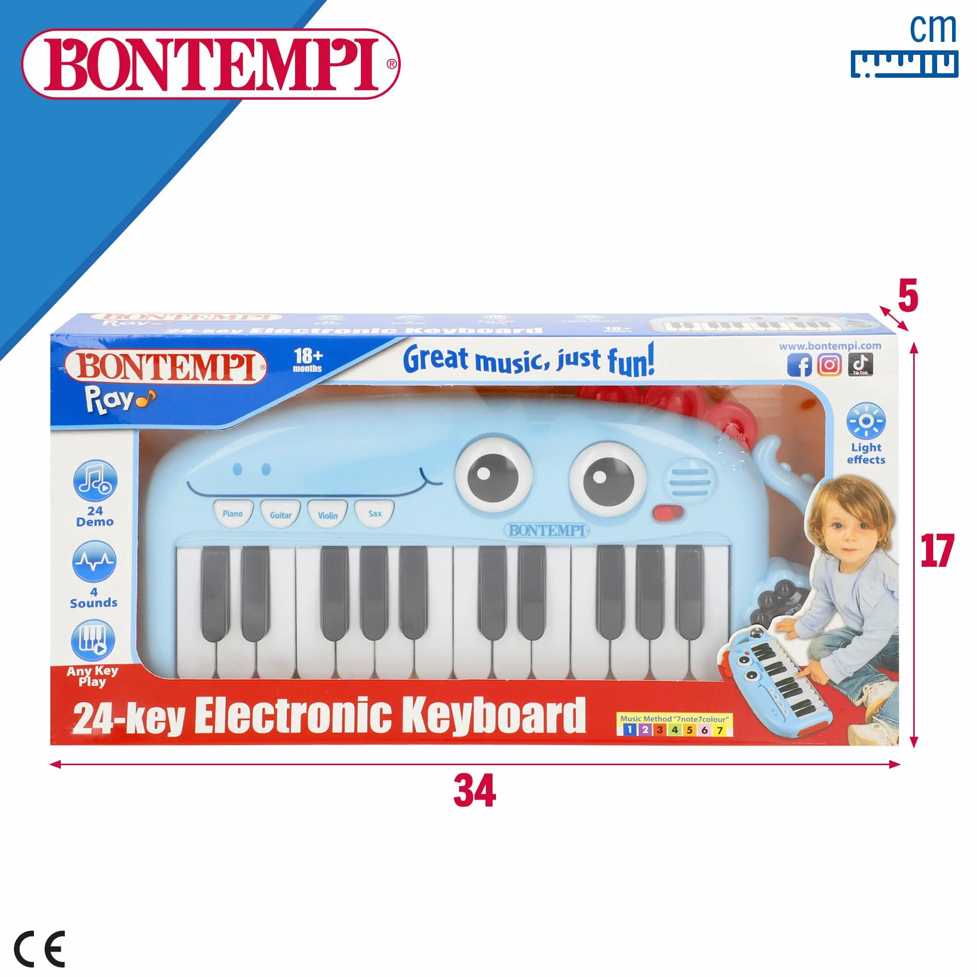 ColorBaby Bontempi Piano Infantil electrónico 24 Teclas con Luces, Sonidos, Melodías, Botones y diseño Seguro con Carita Sonriente, para iniciar a los más pequeños en la música Desde 18 Meses (39213)