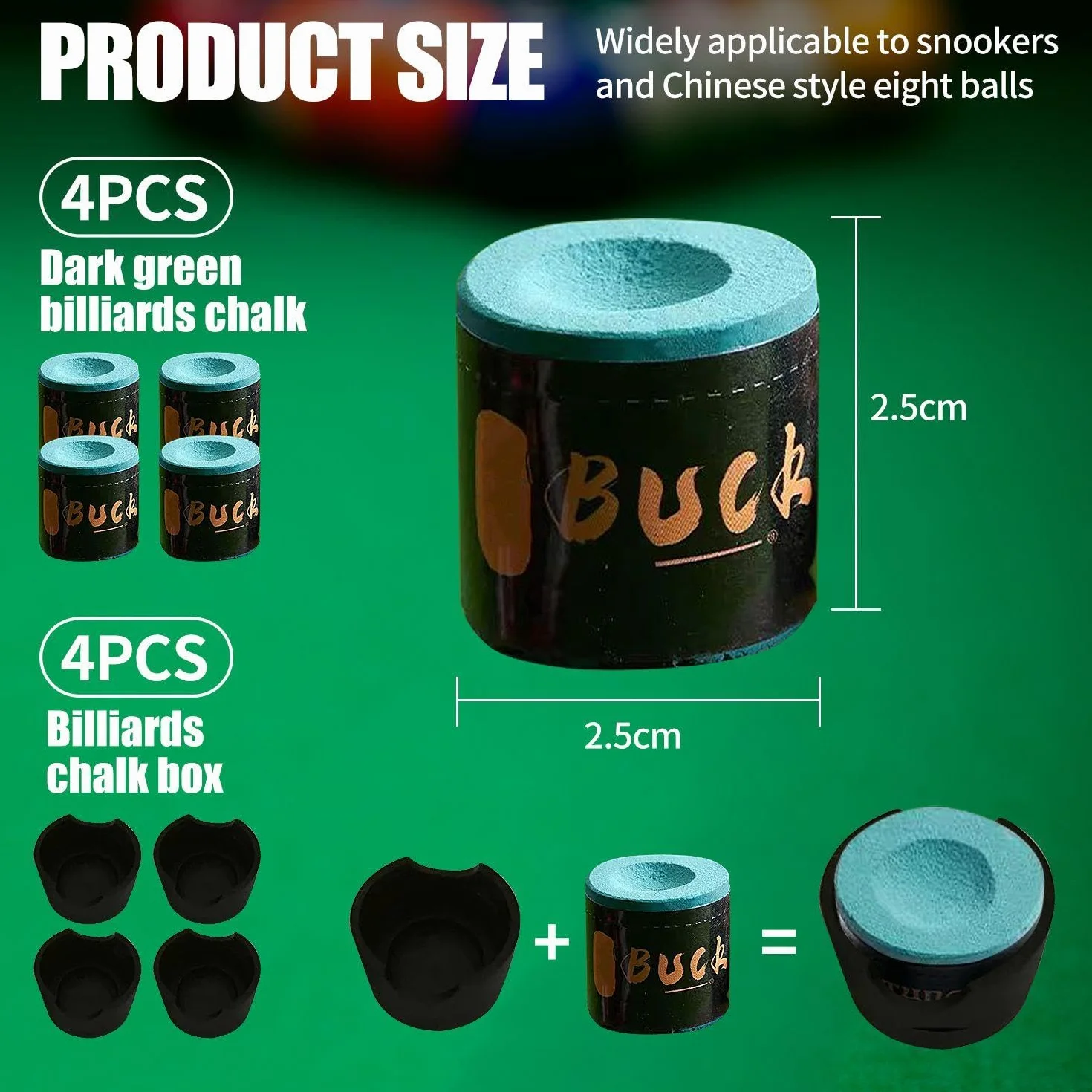Tiza para taco de billar verde oscuro, 4 unidades, caja de polvo inteligente, accesorios de mesa de billar