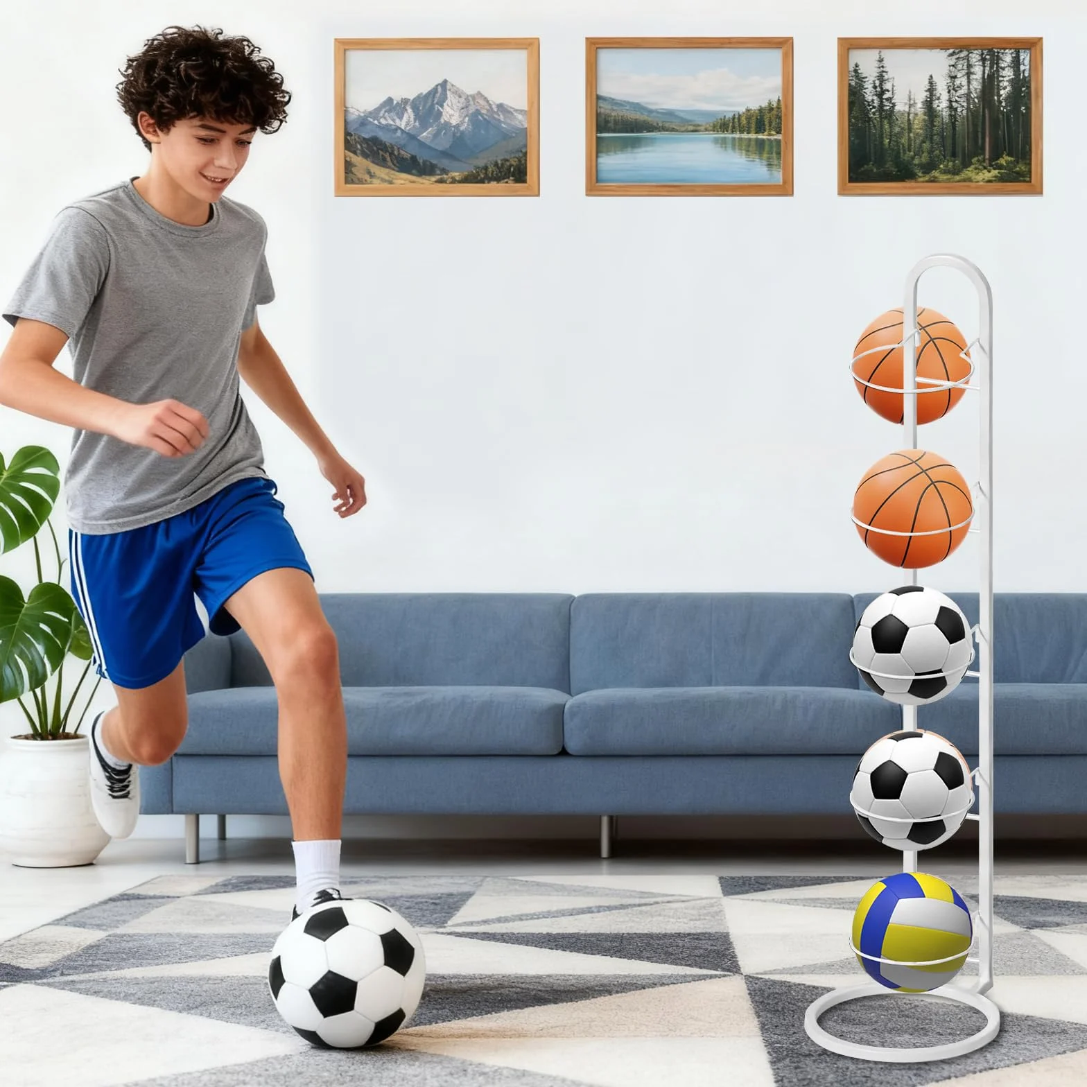 LURICO Soporte de bola vertical de 5 niveles, estante de almacenamiento para baloncesto, fútbol y voleibol (blanco)
