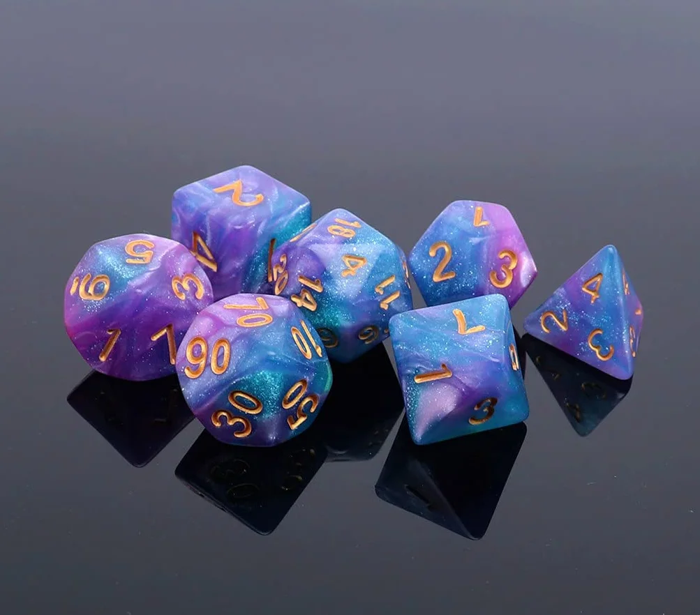 DND - Dados Poliédricos Azul y Morado con Purpurina para Dungeon and Dragons D&D, Juego de Rol y Mesa