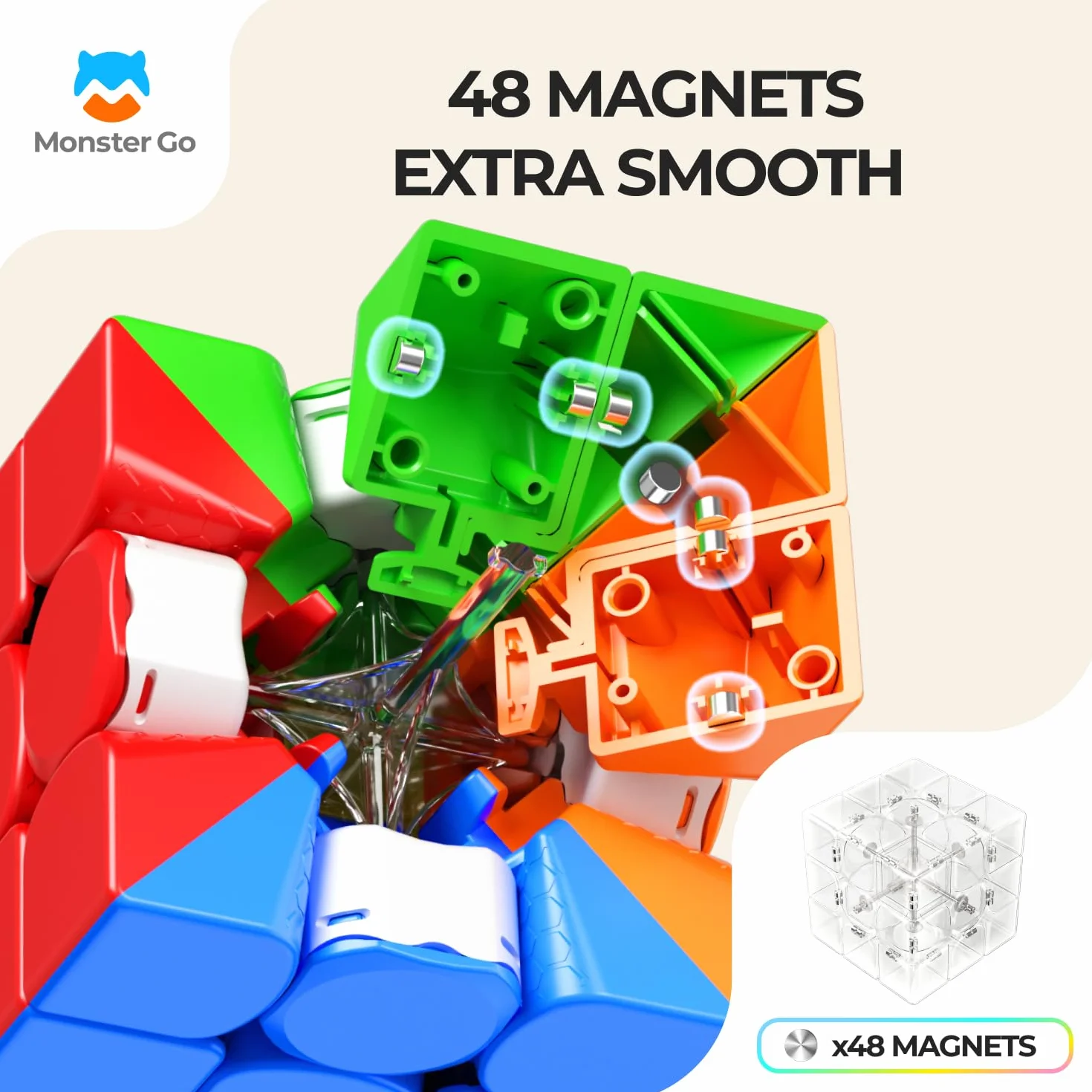 Monster Go Cubo Mágico Magnético 3x3 Speed Cube, MG 356-EDU Cubo de Velocidad con 48 Imanes - Rotación rápida y Suave, Resistente y Duradero, Profesional Original Iman-tado Puzzle (Sin Pegatinas)