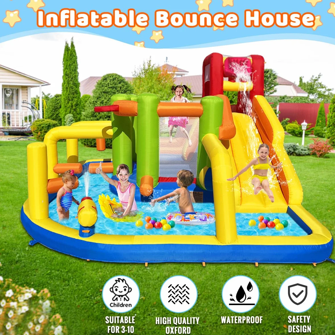 Baralir Castillo Hinchable XXL con tobogán acuático y soplador – Ideal para jardín, casa de Juegos niños al Aire Libre, Experiencia Segura en el Patio de recreo