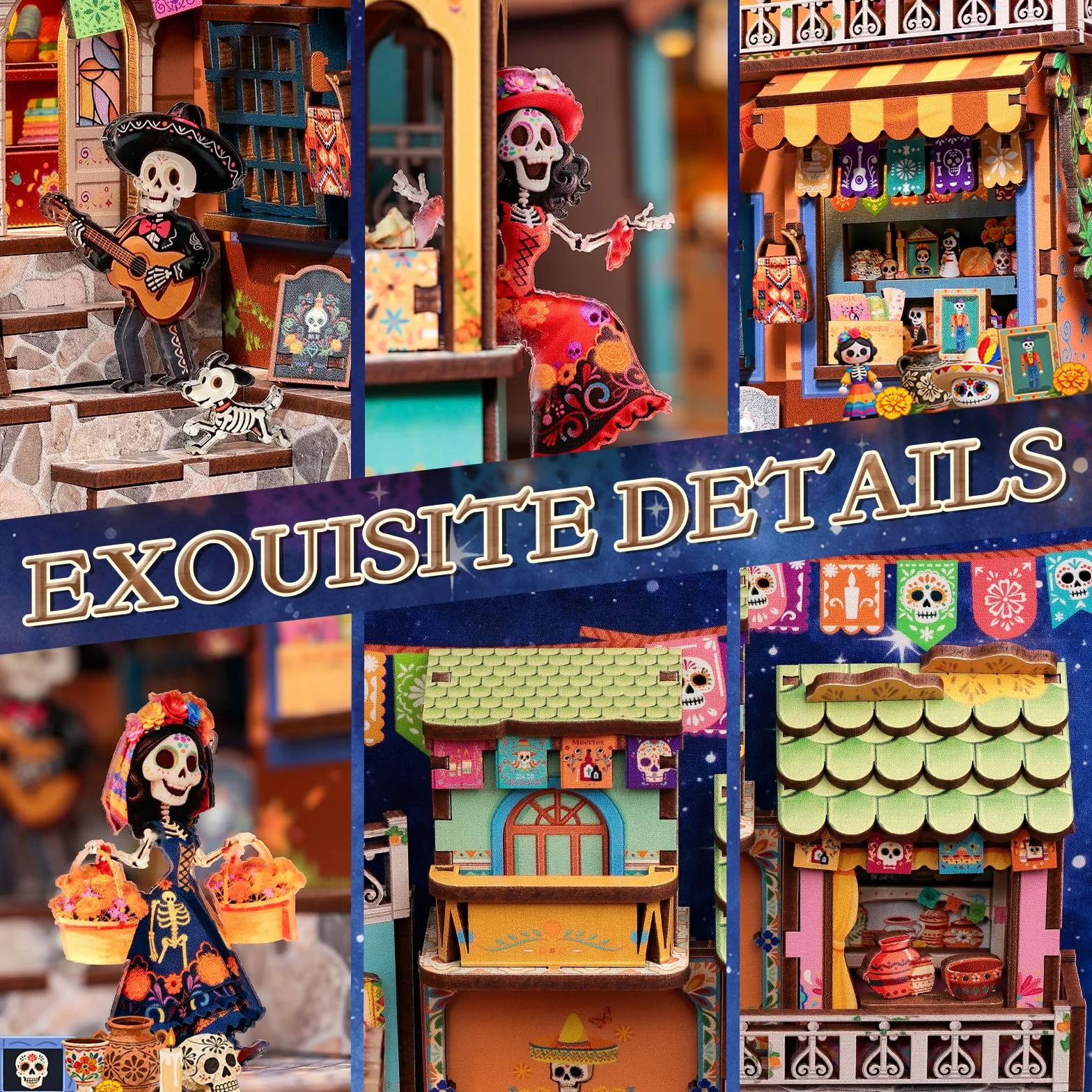 Cutefun Book Nook Kit para Día de Muertos - Kit de casa de muñecas en Miniatura - Kit de construcción de Modelo de decoración de estantería con luz LED, Rompecabezas de Madera 3D, Regalo Decorativo