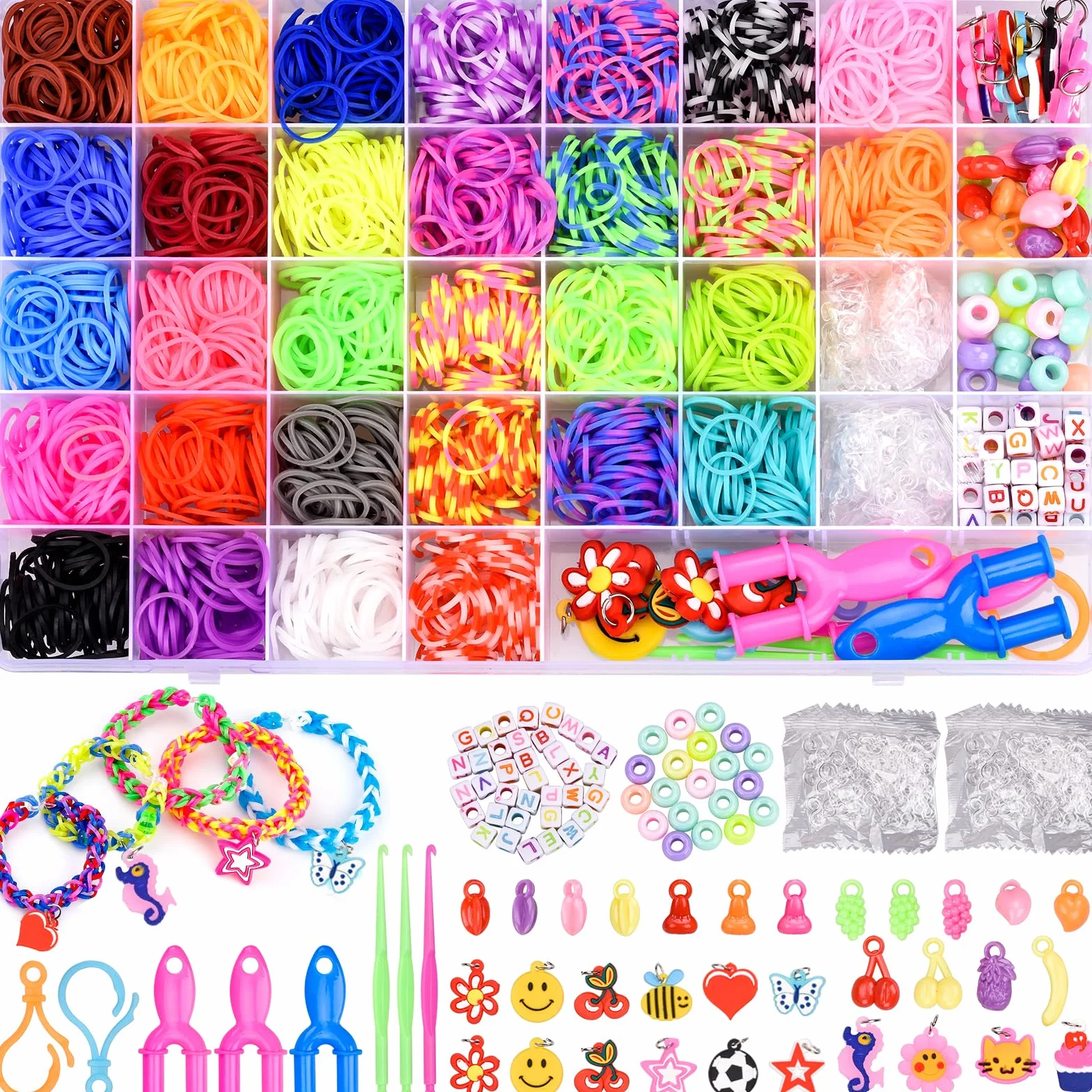 AOKITO Juego de 2500 cintas de loom, 32 colores, bandas de goma con ganchos de perlas, caja de almacenamiento, pulseras de accesorios para hacer tus propias pulseras