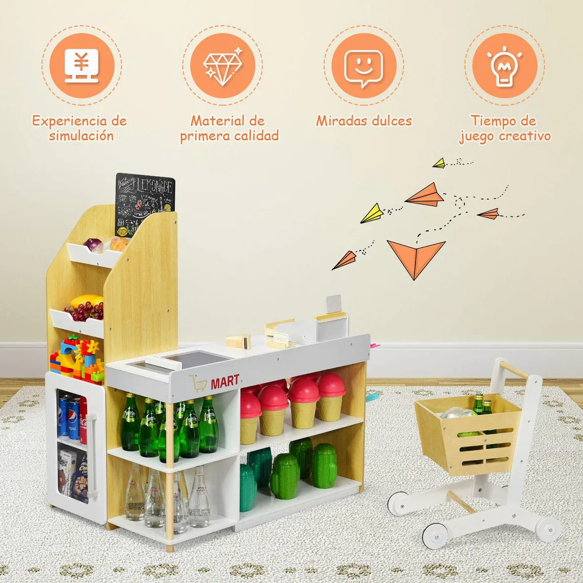 COSTWAY Juguete de Supermercado con Carrito de Compra Incluye Pizarra,Caja Registradora,Escáner,Lector de Tarjetas,Tarjeta de Crédito y Monedas Juguetes de rol para Niños
