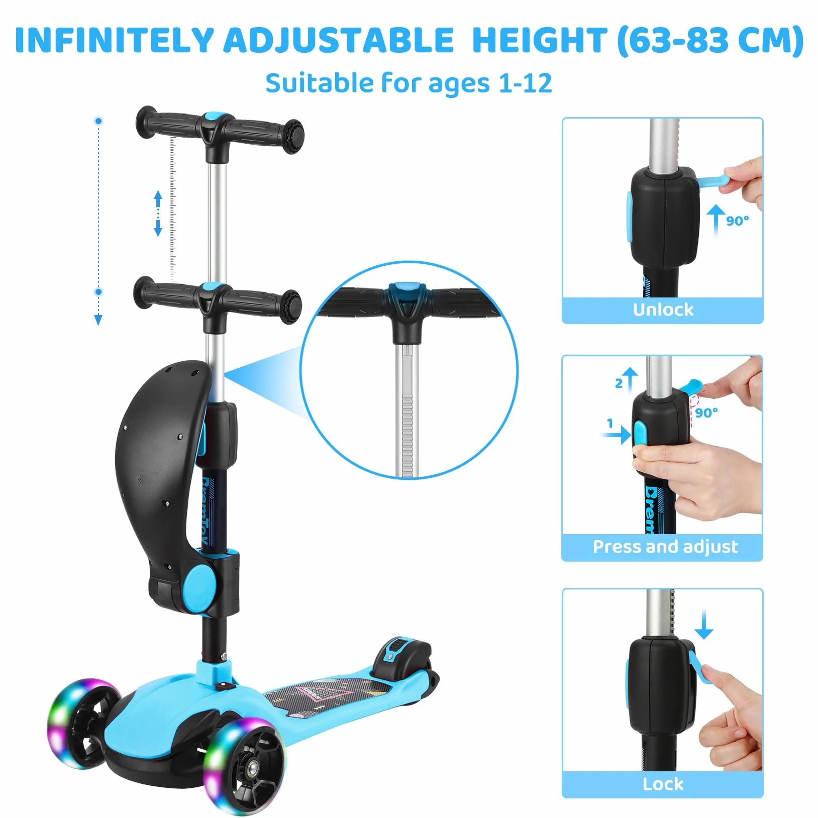 BremToy Patinete para Niños de 1 a 12 Años, Ajuste de Altura Infinito, Patinete con Asiento Extraíble, 3 Ruedas Brillantes LED, Carga Máxima 50KG, Regalos para Niños