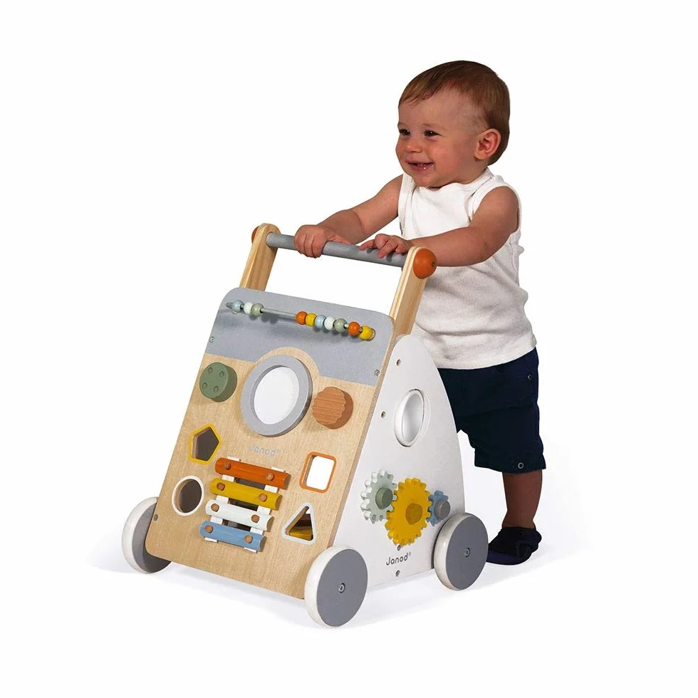 Janod - Carro Multiactividad Sweet Cocoon - Carro de Madera para aprender a caminar - 9 Actividades - Ruedas Silenciosas, Pintura al Agua - Juguete Infantil Adaptable desde los 12 meses, J04410
