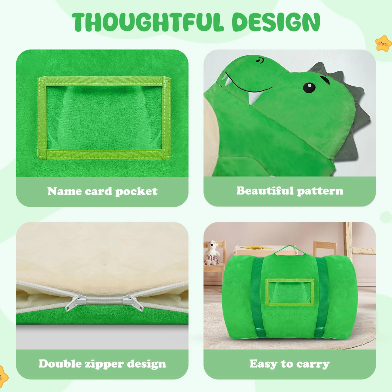 Decalsweet Cálida Alfombrilla de Siesta para Niños Pequeños con Almohada Extraíble, Saco de Dormir Plegable para Niñas y Niños, Bolsa de Dormir con Cremallera para Camping Siesta, 170×70cm