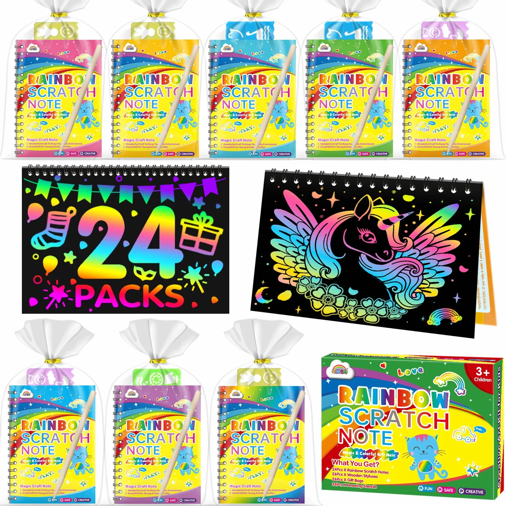 ZMLM 24 Libros Scratch Art Manualidades Kit con Plantilla y Lápiz de Madera, Regalos Cumpleaños Niños 3 a 12 Años