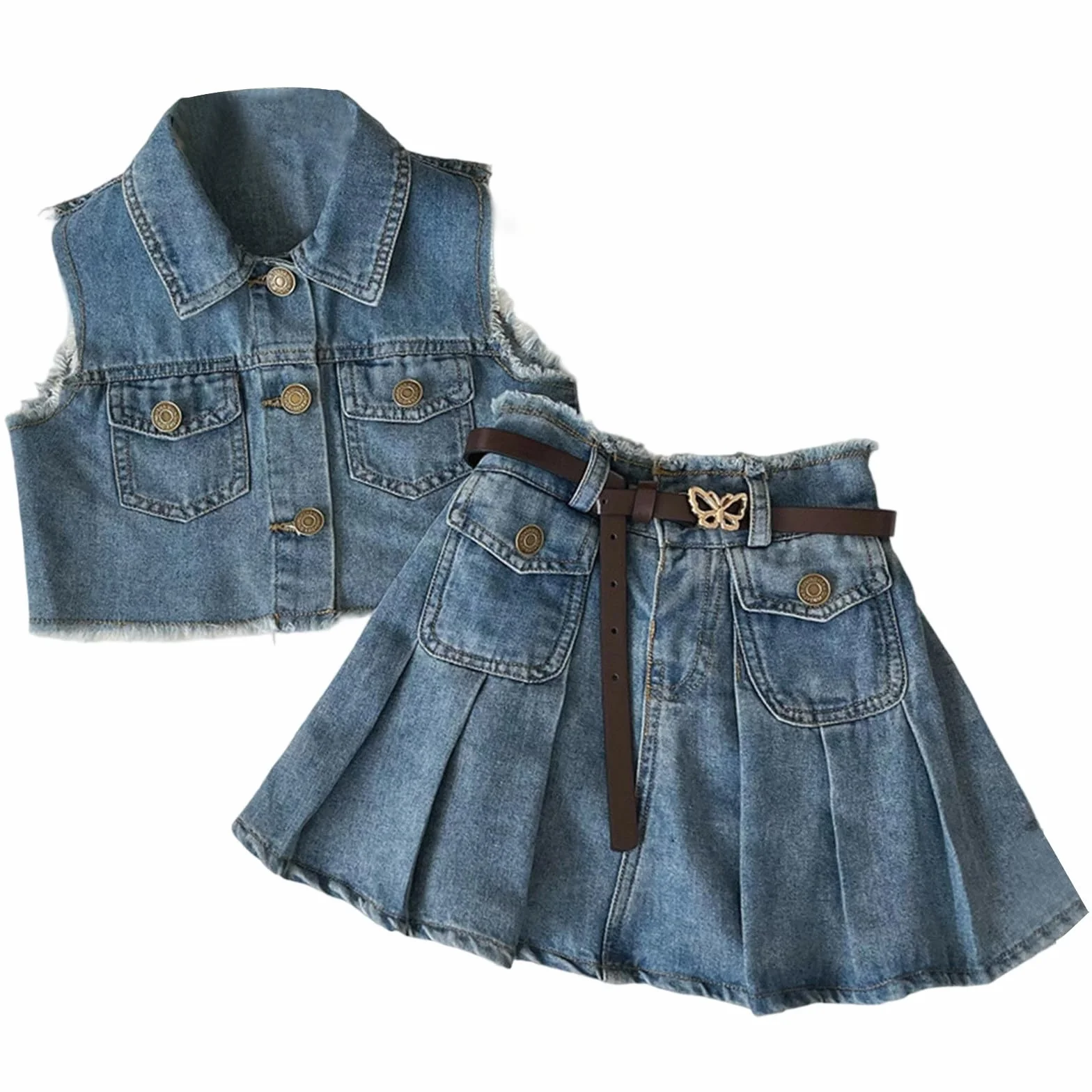 Conjunto de mezclilla verano niña 2-8 años cárdigan sin mangas flecos falda plisada look western