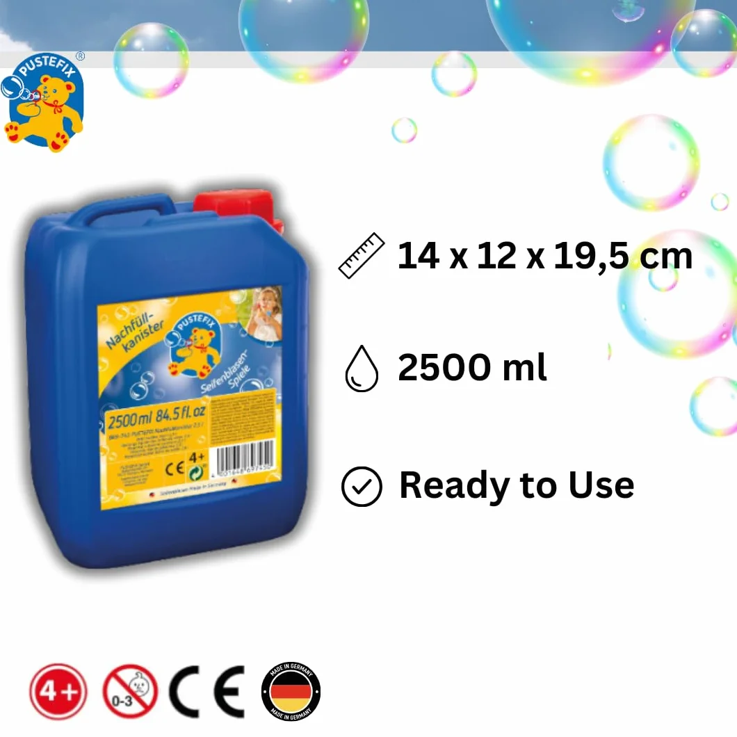 PUSTEFIX Bidón de Recarga I 2,5 l de líquido para Burbujas I Burbujas de Colores I Burbujas para Bodas, cumpleaños Infantiles, Festivales de Verano