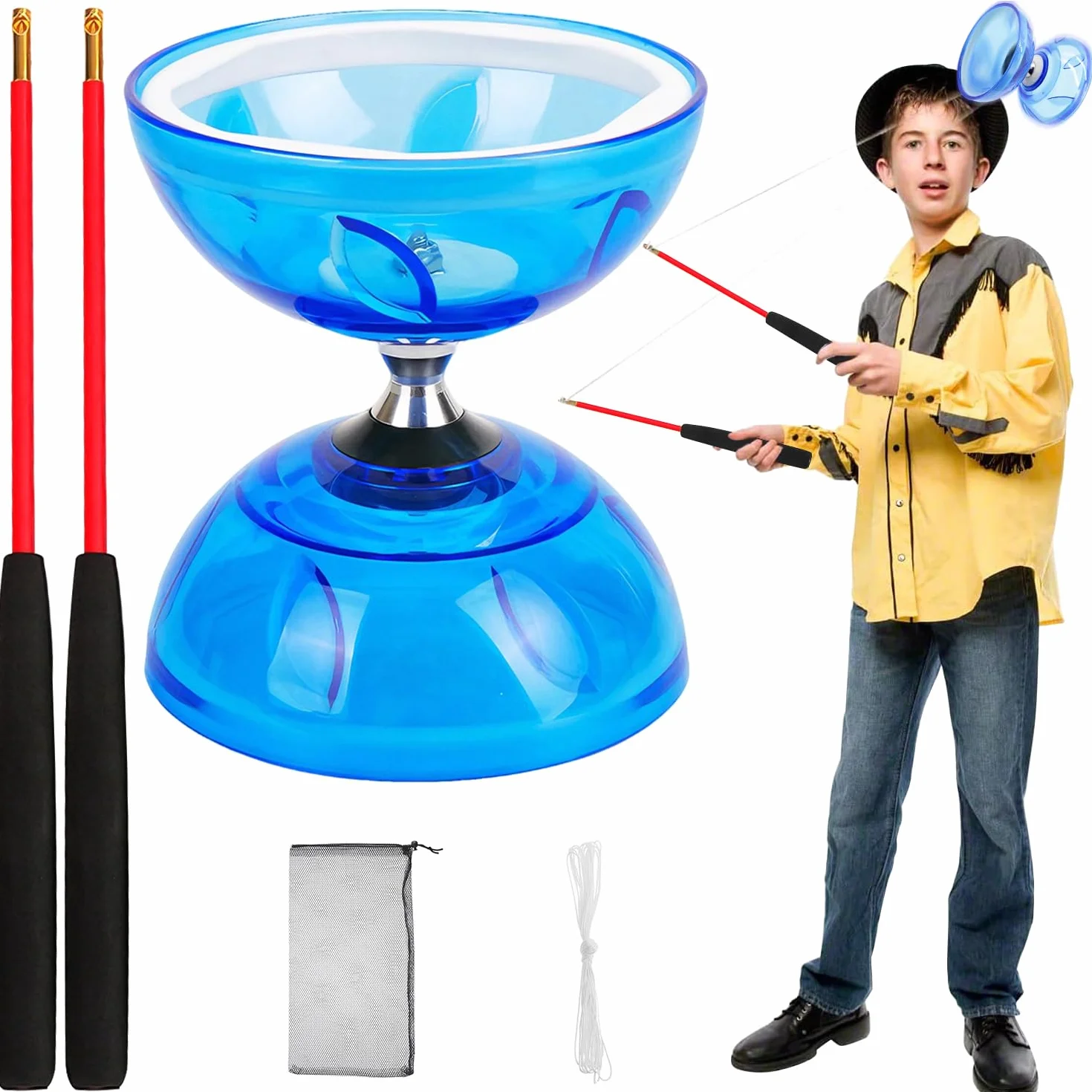 Diábolo con rodamientos de Bolas, 12cm de diámetro, diábolo Profesional, Juguete de malabarismo, Apto para Adultos y Principiantes (Azul)