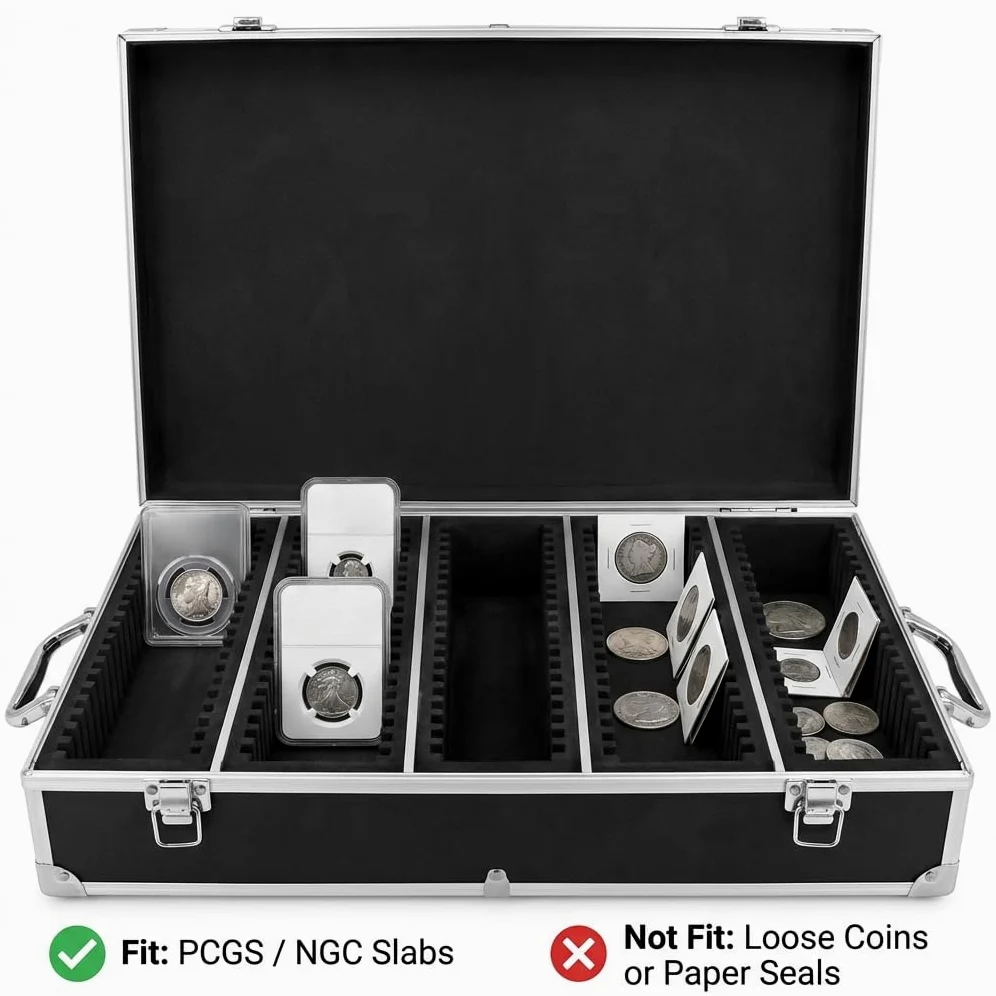 QWORK Caja de almacenamiento de monedas, caja de losa de monedas de grado 100, caja de almacenamiento de tarjetas coleccionables para PCGS, NGC y más, vitrina para monedas, suministros de colección de