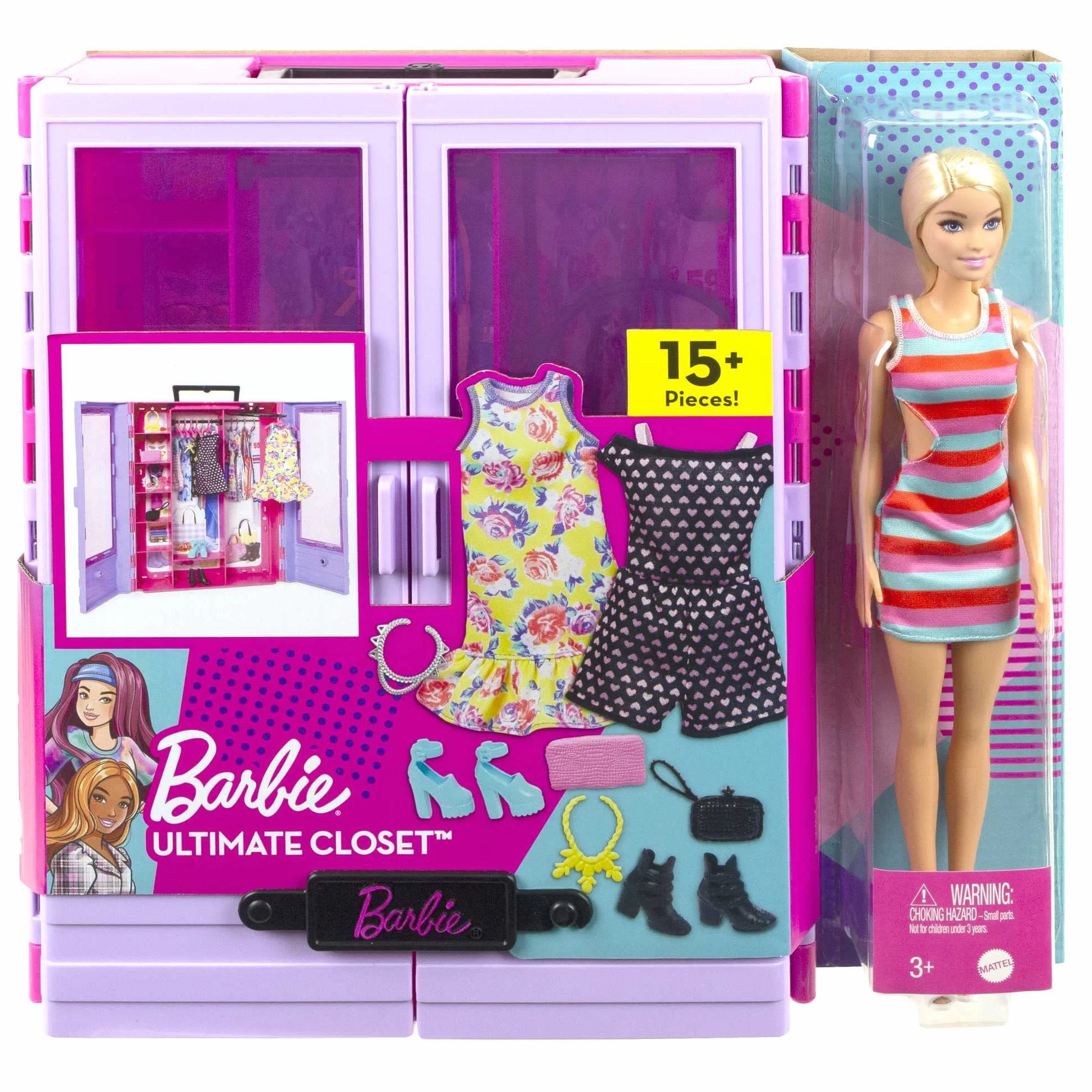 Barbie Fashionista Armario portátil para Ropa de muñeca, Incluye 3 Looks completos, 6 Perchas y muñeca, Juguete +3 años (Mattel HJL66)